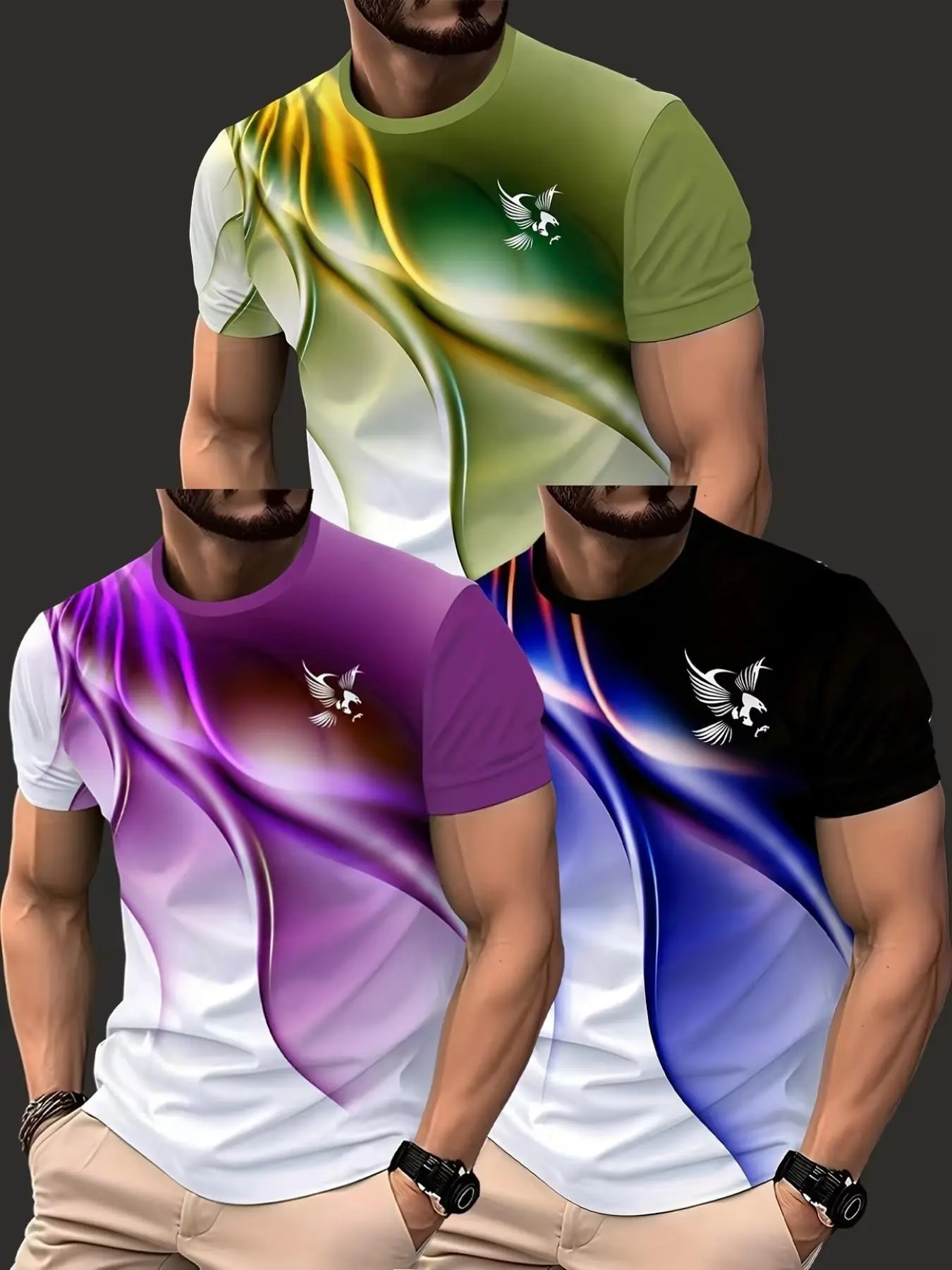 Men's 3-Pack Gradient Wave Print Crew Neck Tees, Soft Breathable Summer Shirts, Ideal for Gym, Home, Small Parties, Slim Fit, Short Sleeve