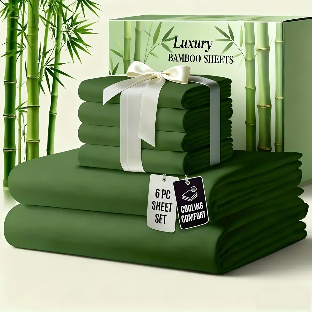 6pcs Luxury Bamboo Cooling Bed Sheet Sets - Viscose Derived From Bamboo Sheets Queen/King Size - Luxuriously Ultra Soft & Breathable Bedding Sheet Set - Deep Pocket Fitted Sheet with Bamboo Texture, Wrinkle-Resistant Soft Sheets