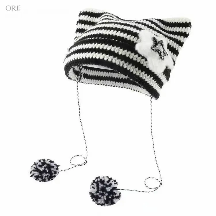 Y2K Alt‑Style Cat Ear Knit Beanie for Women, Striped Korean Cute Warm Winter Hat, Soft Cozy Pullover Cap for Fall Daily Street Outfits