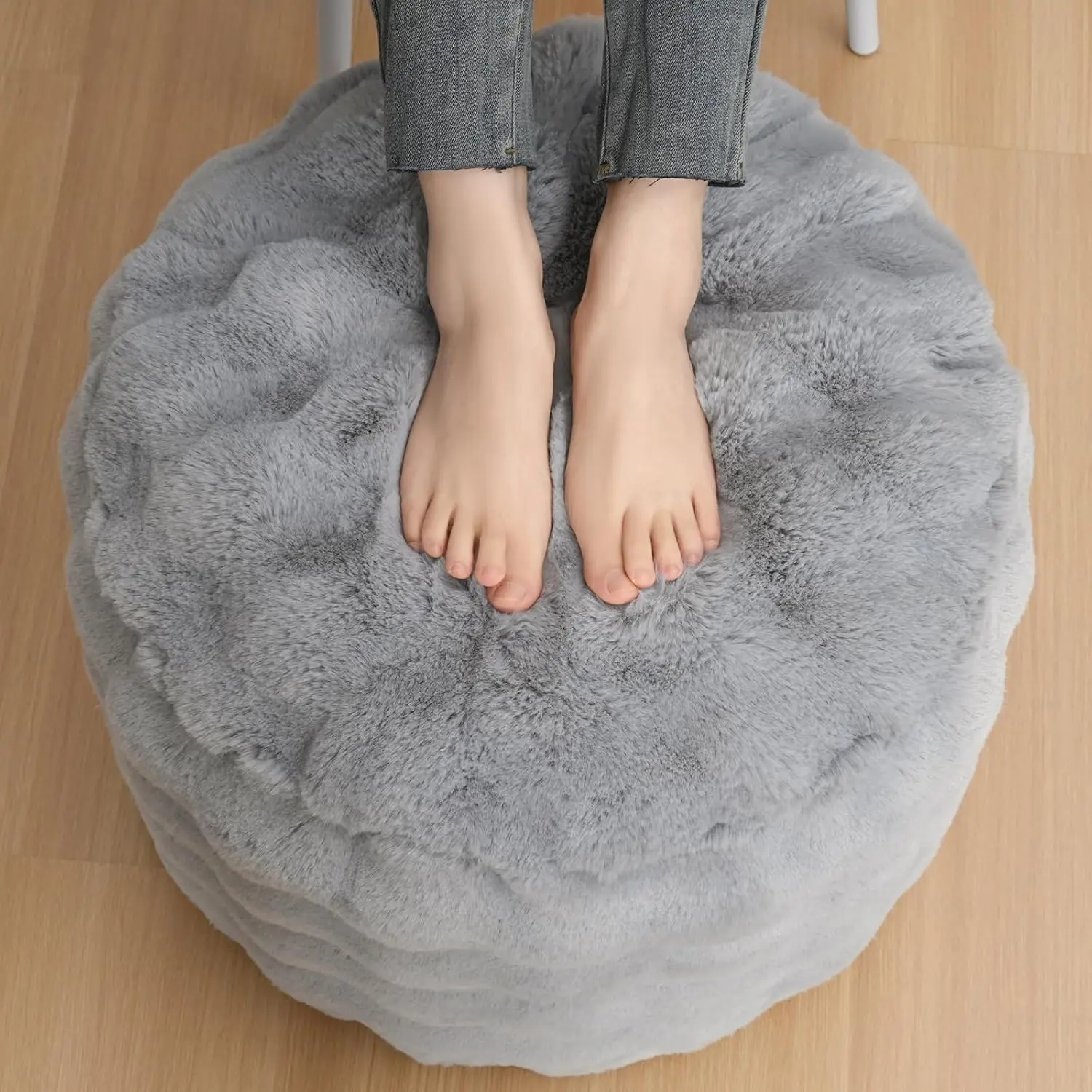 Round Stuffed Pouf Ottoman 20" X 15", Furry and Fluffy Pouf, Gray | Foam Chunk Filling Foot Stool Storage Ottoman, Floor Poufs Foot Rest for Living Room Bedroom Home Decor