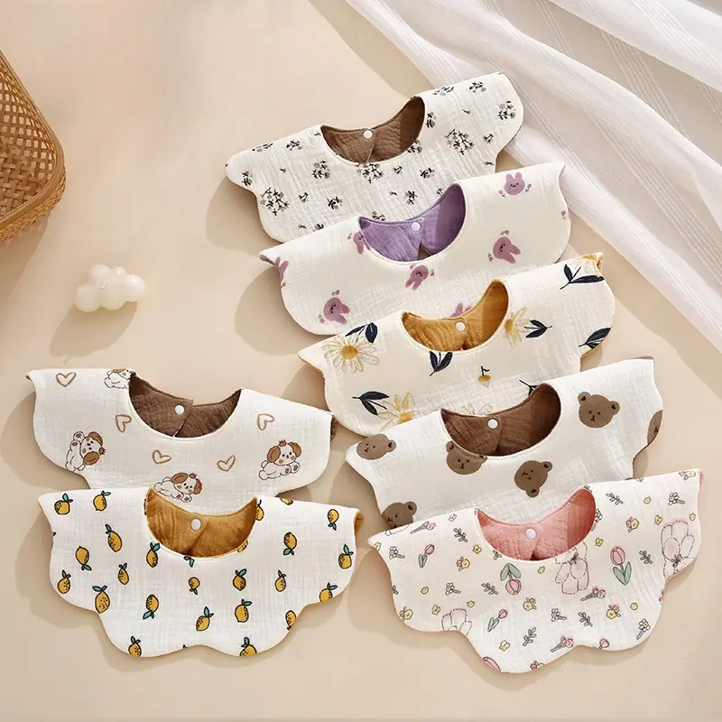 8-Pack Organic Cotton Muslin Waterproof Feeding Bibs for 0-3 Years Toddlers, Soft Absorbent Unisex Reversible Cartoon/Solid Color, 360-Degree Secure Full-Circle Snap, Adjustable Straps, Gift for Drooling/Teething