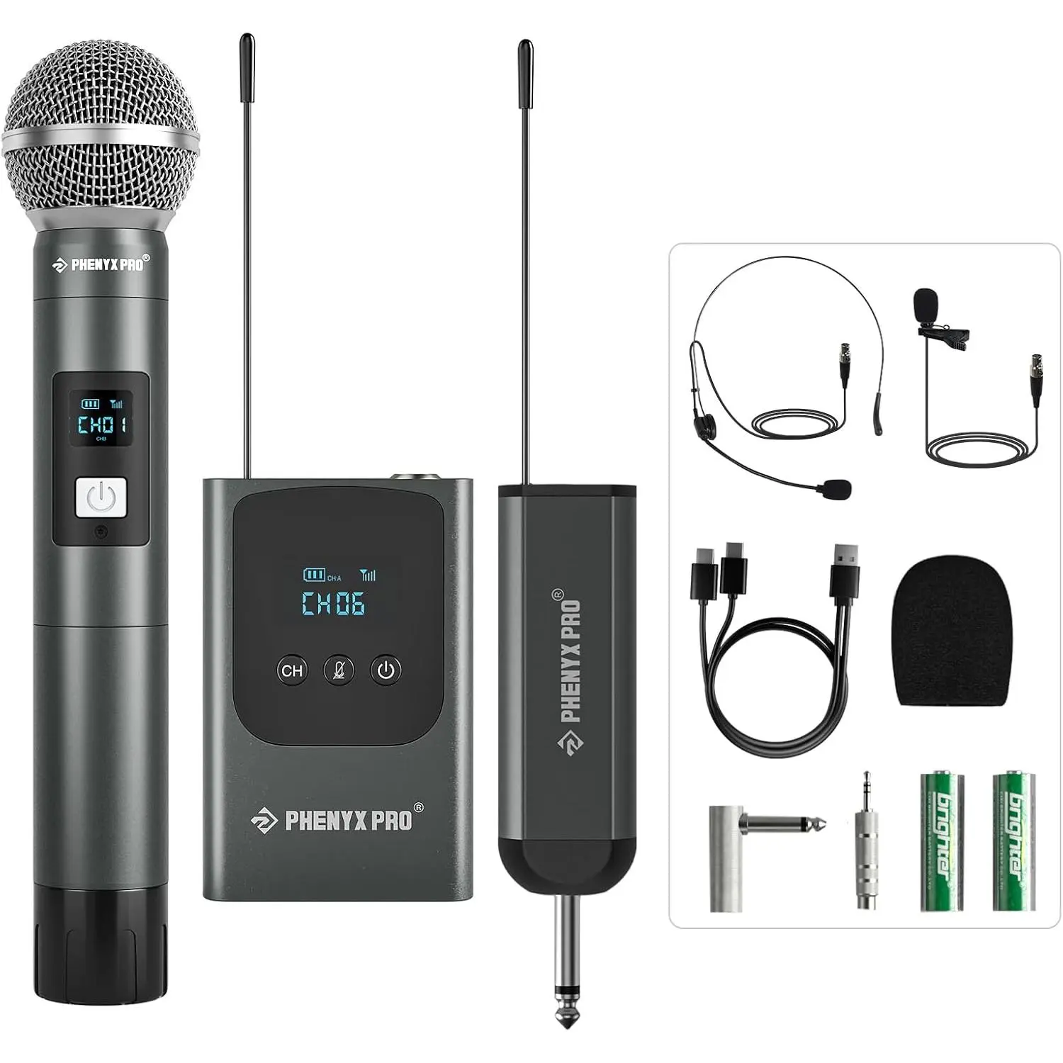 Dual UHF Digital Handheld/Headset Microphone System PDP-2-1H1B | 1 Handheld Mic, 1 Bodypack, Mini Receiver, 2 15 Frequencies, Headset/Lapel Mic, Karaoke
