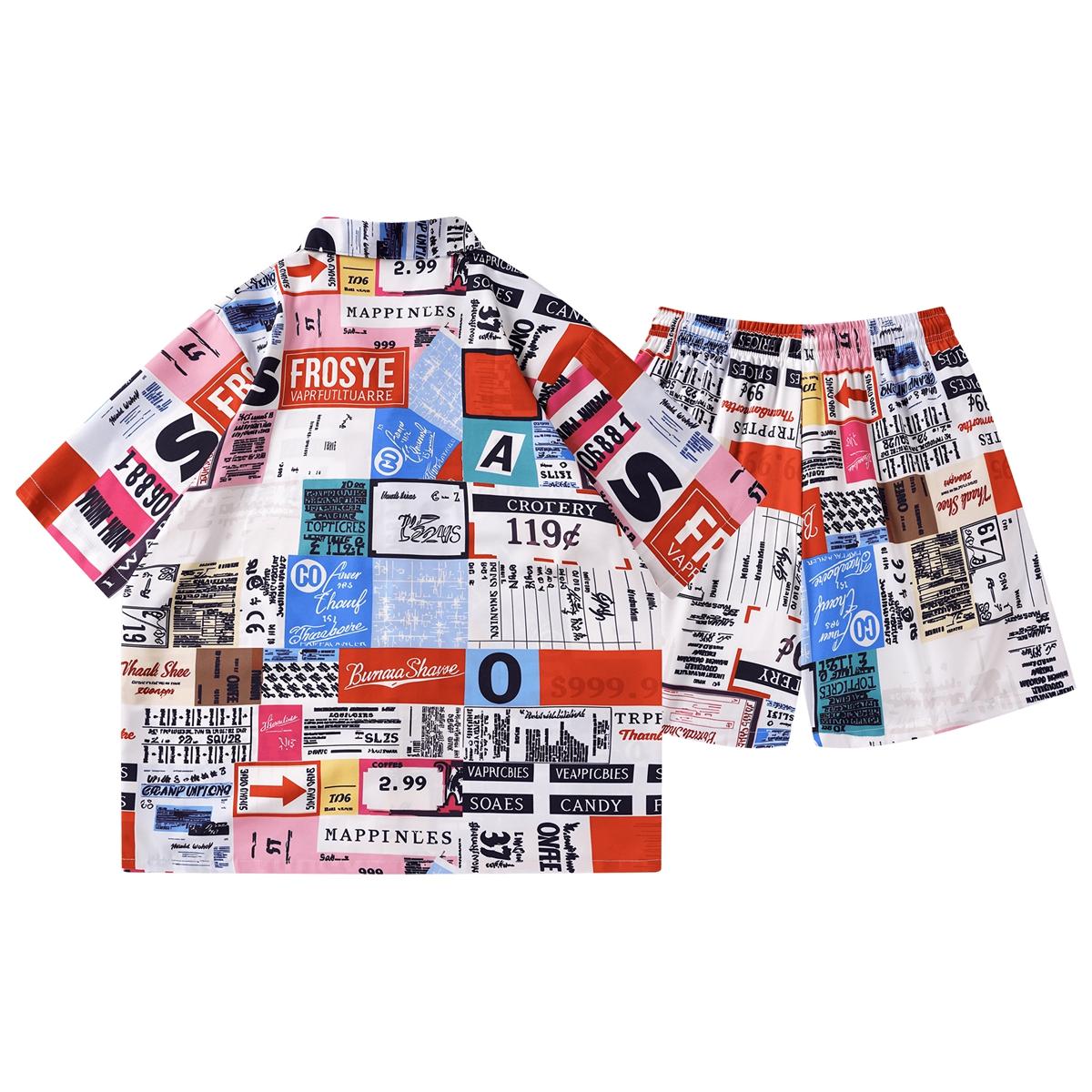 Statement Resort Mens Graphic Collage Print 2 Piece Outfit Loose Fit Drawstring Shorts Set for Vacation Wear and Street Style