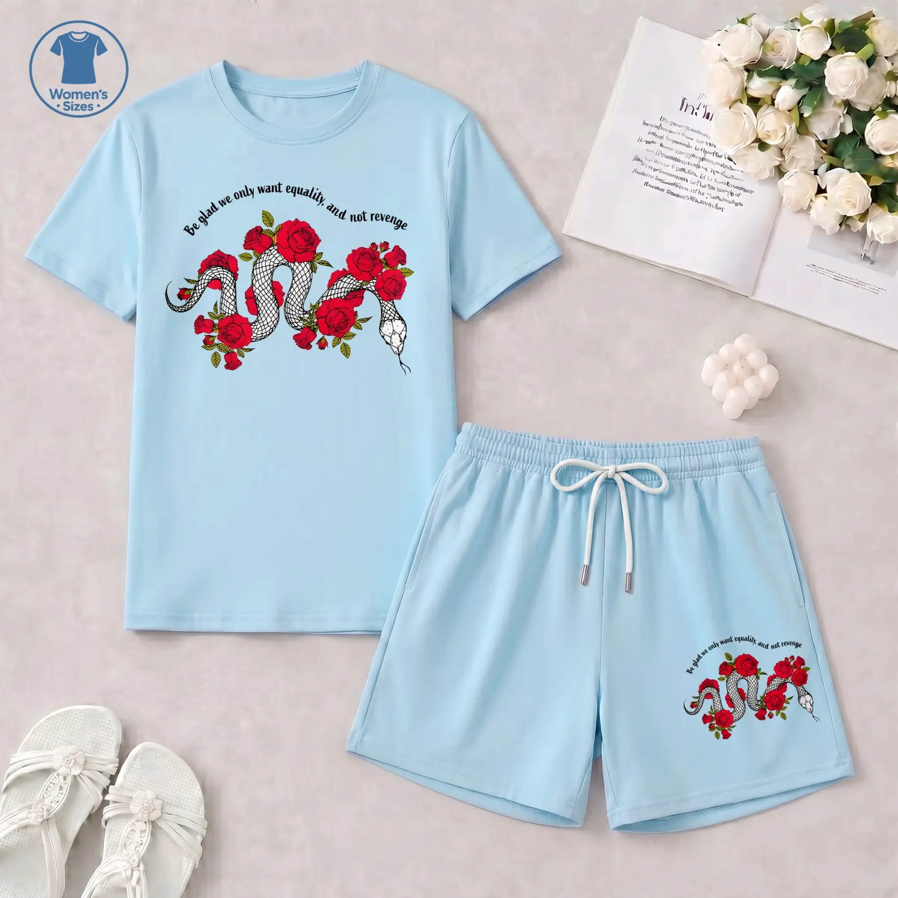Women’s Equality Message Rose Snake T-Shirt and Shorts Set, Statement Graphic Two Piece Outfit for Daily Life, Social Events, Travel and Weekend Wear
