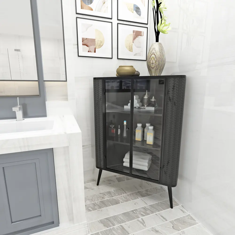 3-Tier Triangle Shape Corner Storage Cabinet with Tempered Glass Doors, Freestanding Metal Frame Unit with Adjustable Shelves, Removable Shelves, Space-Saving Organizer for Bathroom, Small Spaces, Three Tiers