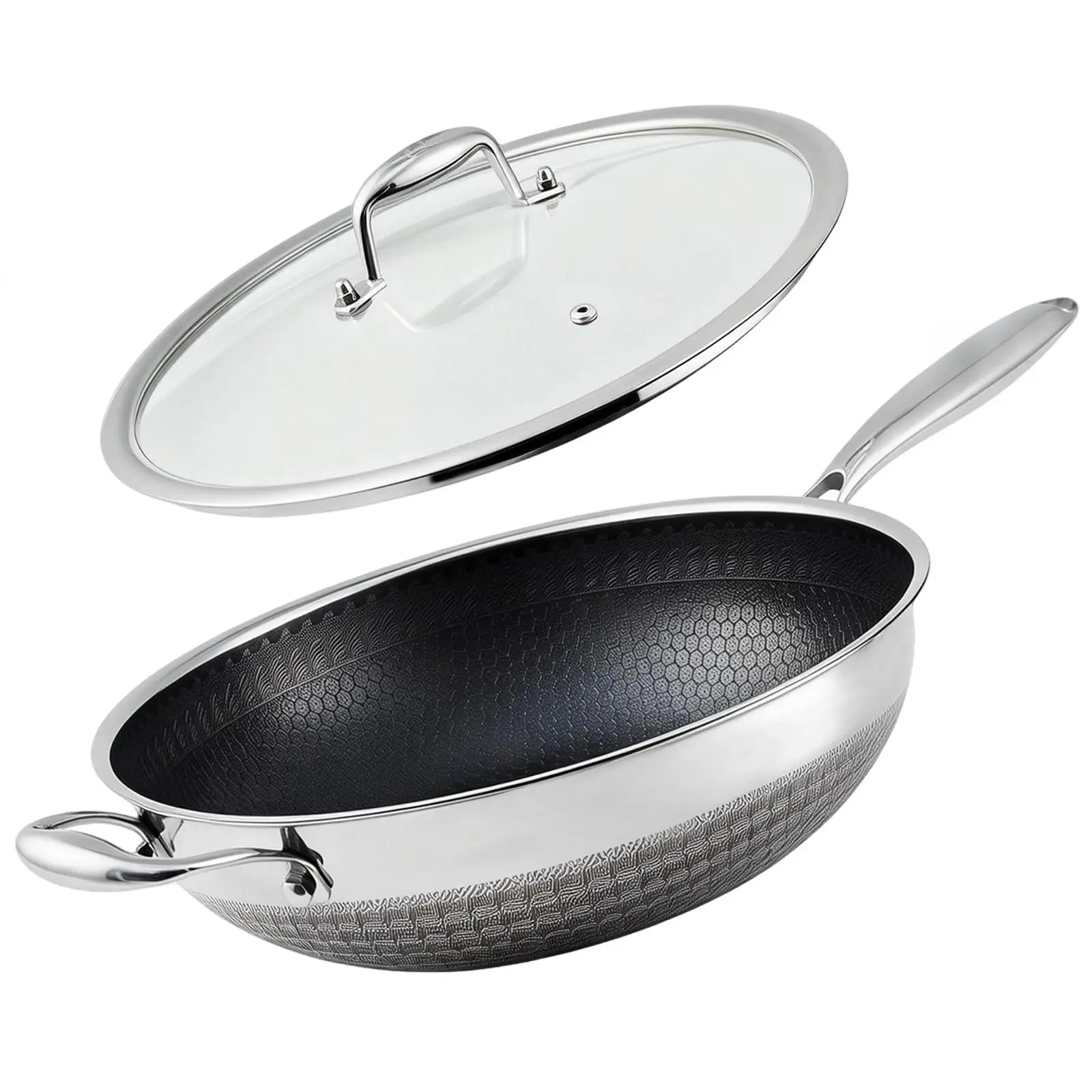 Hybrid Nonstick Stainless Steel Wok Pan, 12 Inch Stir-Fry Wok - Tri-Ply Clad Honeycomb - Induction Ready, PFOA-Free, Dishwasher & Oven Safe, Metal Utensil Safe