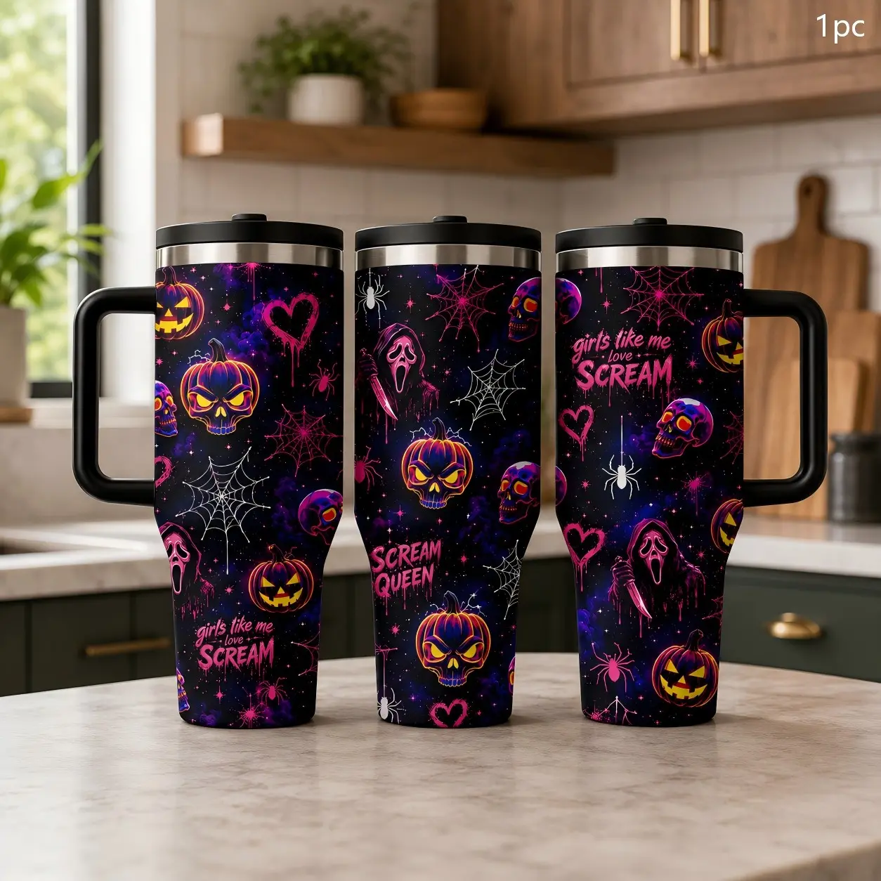 1PC 40oz Neon Horror Scream Queen Ghost Mask Skull Pumpkin Insulated Tumbler with Handle & Leak-Proof Lid, Double Wall Vacuum Travel Mug, Insulated Vacuum Flasks, Hot 12H Cold 24H, Large Capacity Cup for Men Women, Halloween Birthday Gift