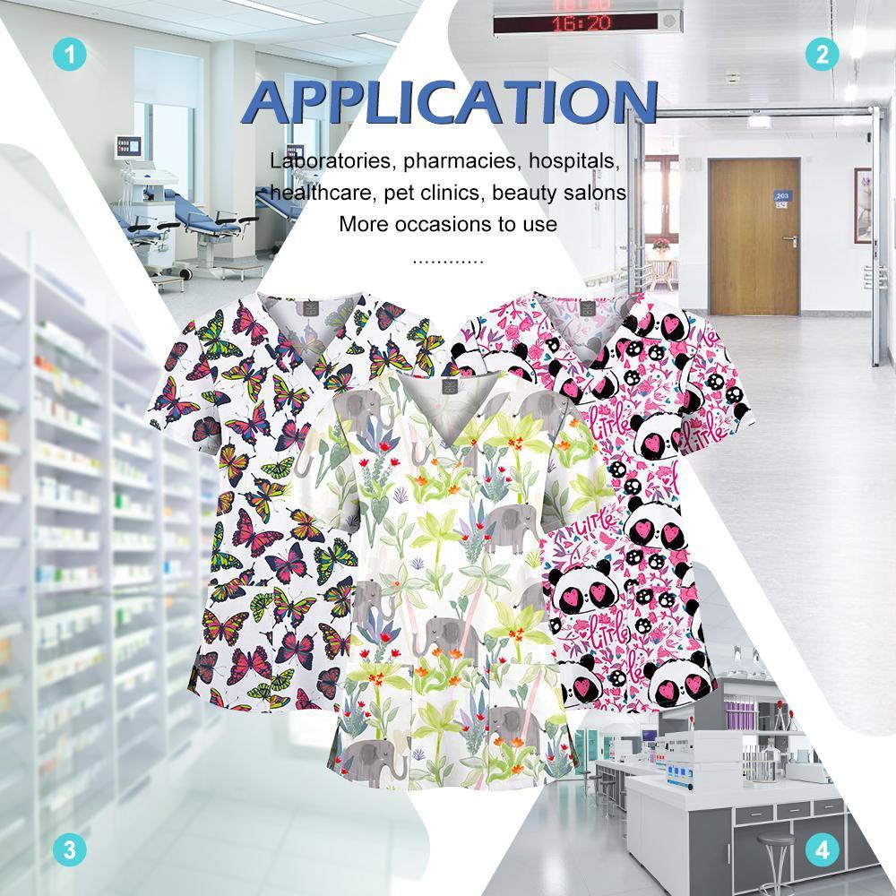 Cartoon Print V-Neck Short Sleeved T-Shirt Scrub Uniform Nurse Scrub Women Uniform Top Surgical Scrubs Nurse Veterinary Workwear