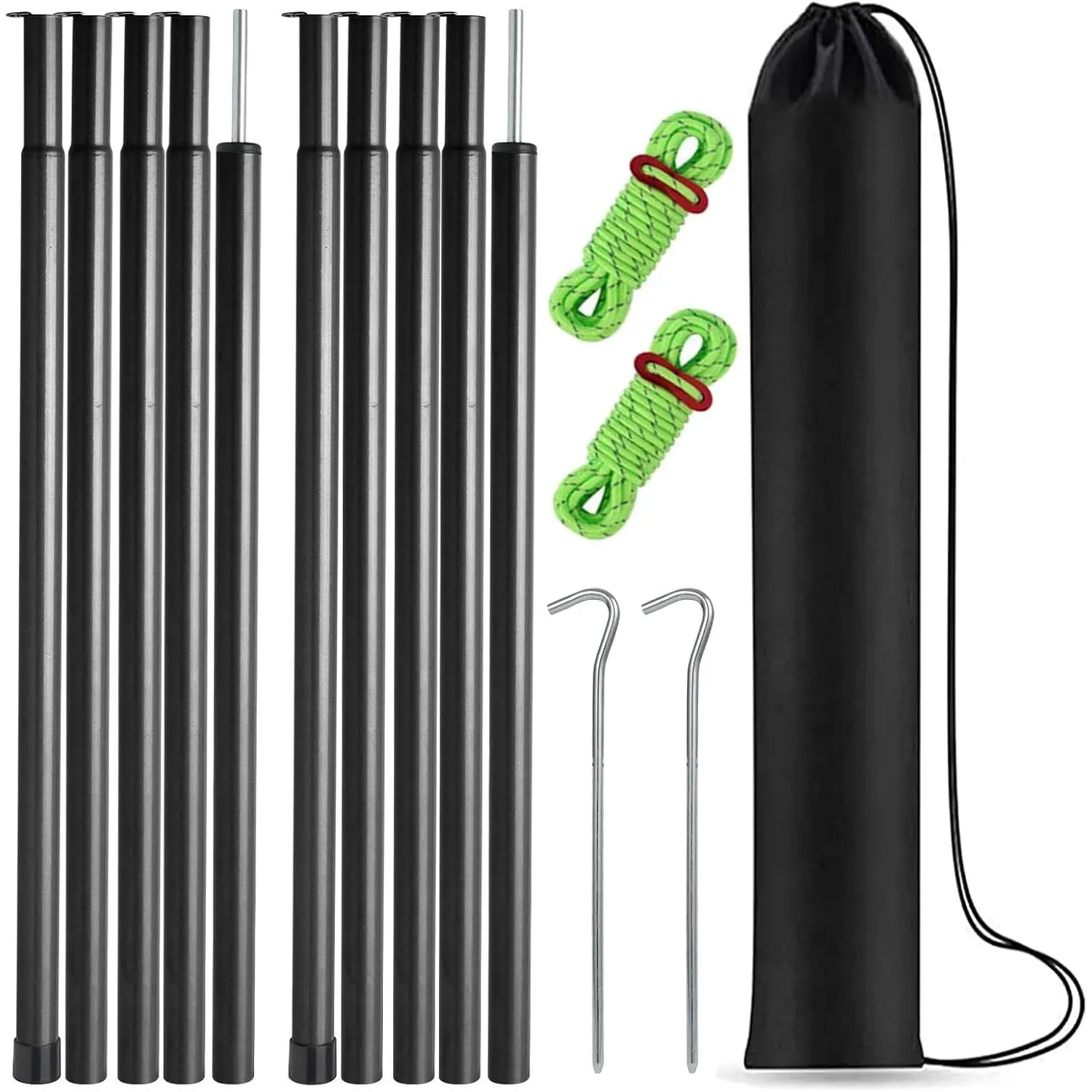 Adjustable Steel Replacement Tarp Poles for Camping Canopy - 2 Pack with Pegs & Reflective Ropes