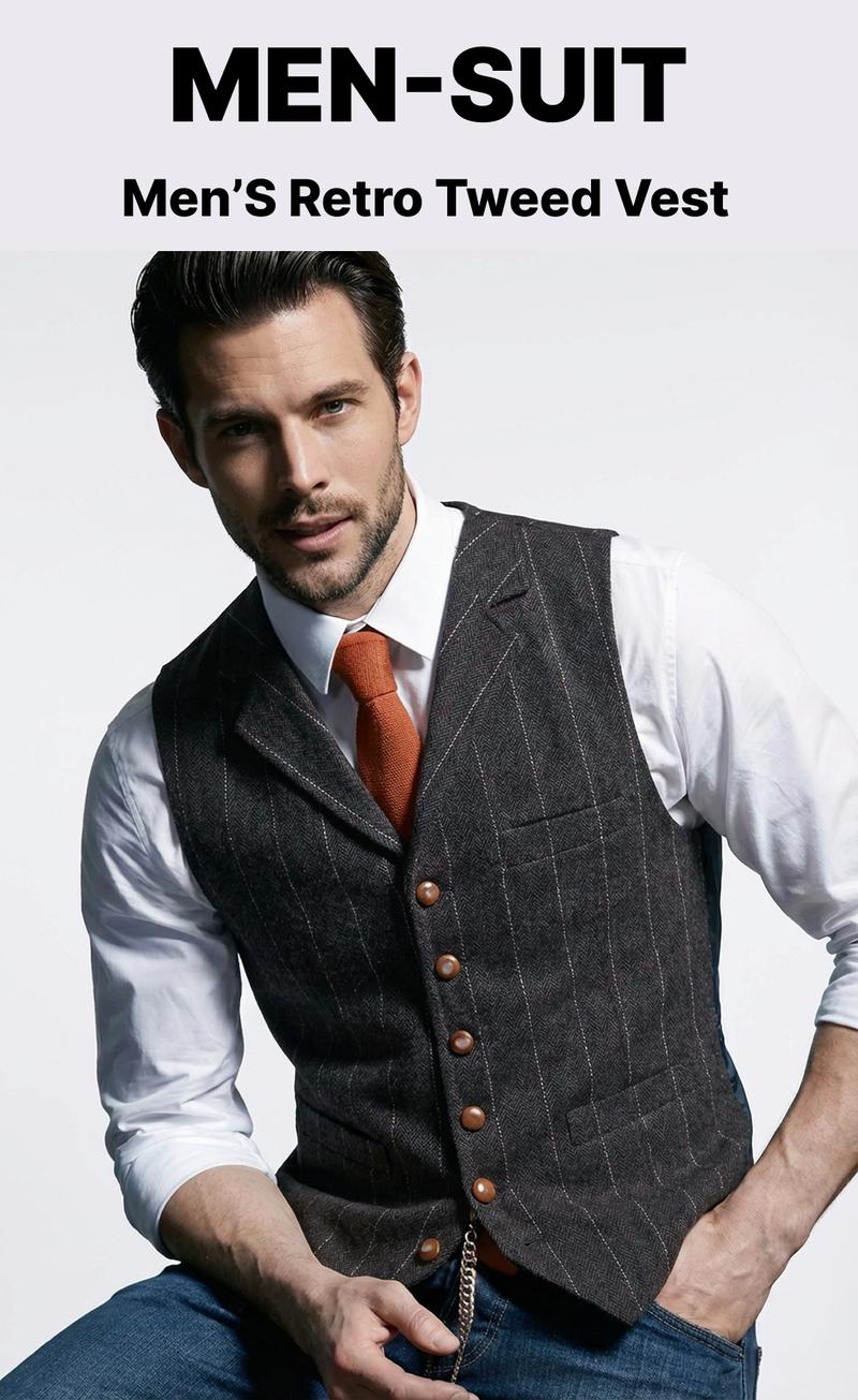 Men's Retro Tweed Vest Herringbone Wool-Polyester Blend Classic Formal & Casual Sleeveless Waistcoat Dress Fabric