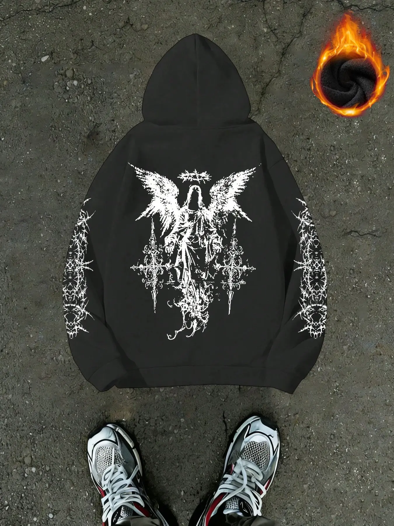 Y2K Gothic Dark Angel Thorns Print Fleece Lined Oversized Hoodie Men Grunge Streetwear Warm Pullover Sweatshirt For Outdoor Workout Daily Wear