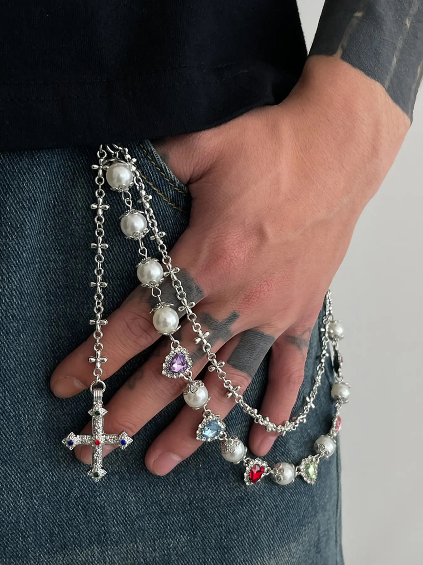 Men's waist chain/pants wallet chain - exquisite rhinestone floral pearl stripe denim pocket chain, cute bag/handbag charm, jewelry hip-hop rock style, jeans chain.
