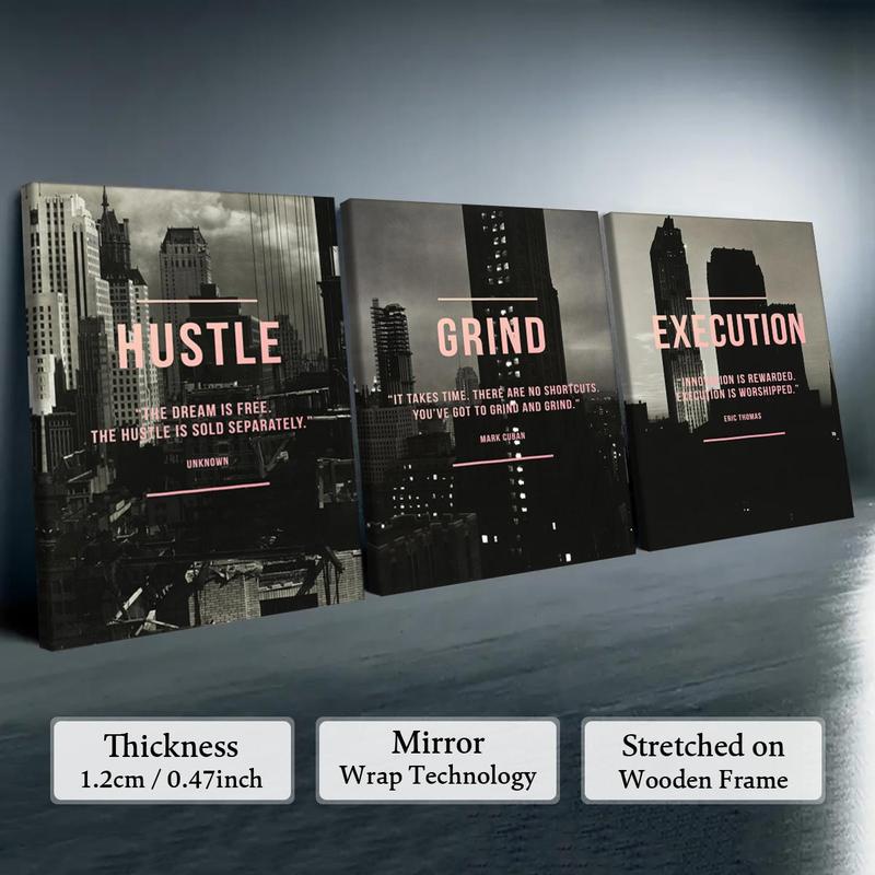 Wooden Framed Canvas Painting, 3 Counts/set Urban Inspirational Letter Decorative Painting, Modern Art Poster for Office Home Dormitory Dining Room Bar, Wooden Wall Art