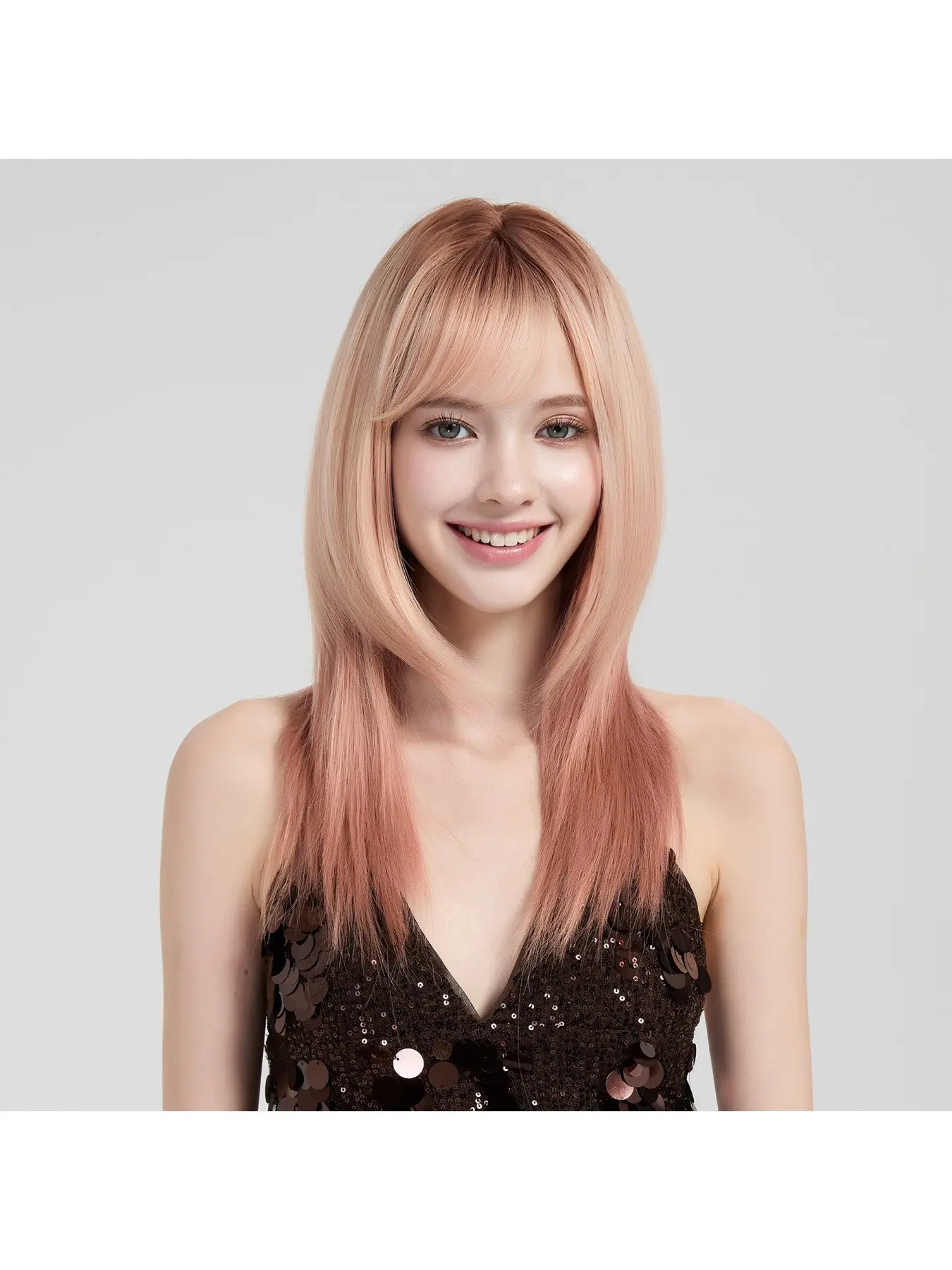 Graduated Medium-Length Straight Wig for Women, Natural Full Headpiece, No Maintenance, Air Bangs, Realistic Hair Fiber