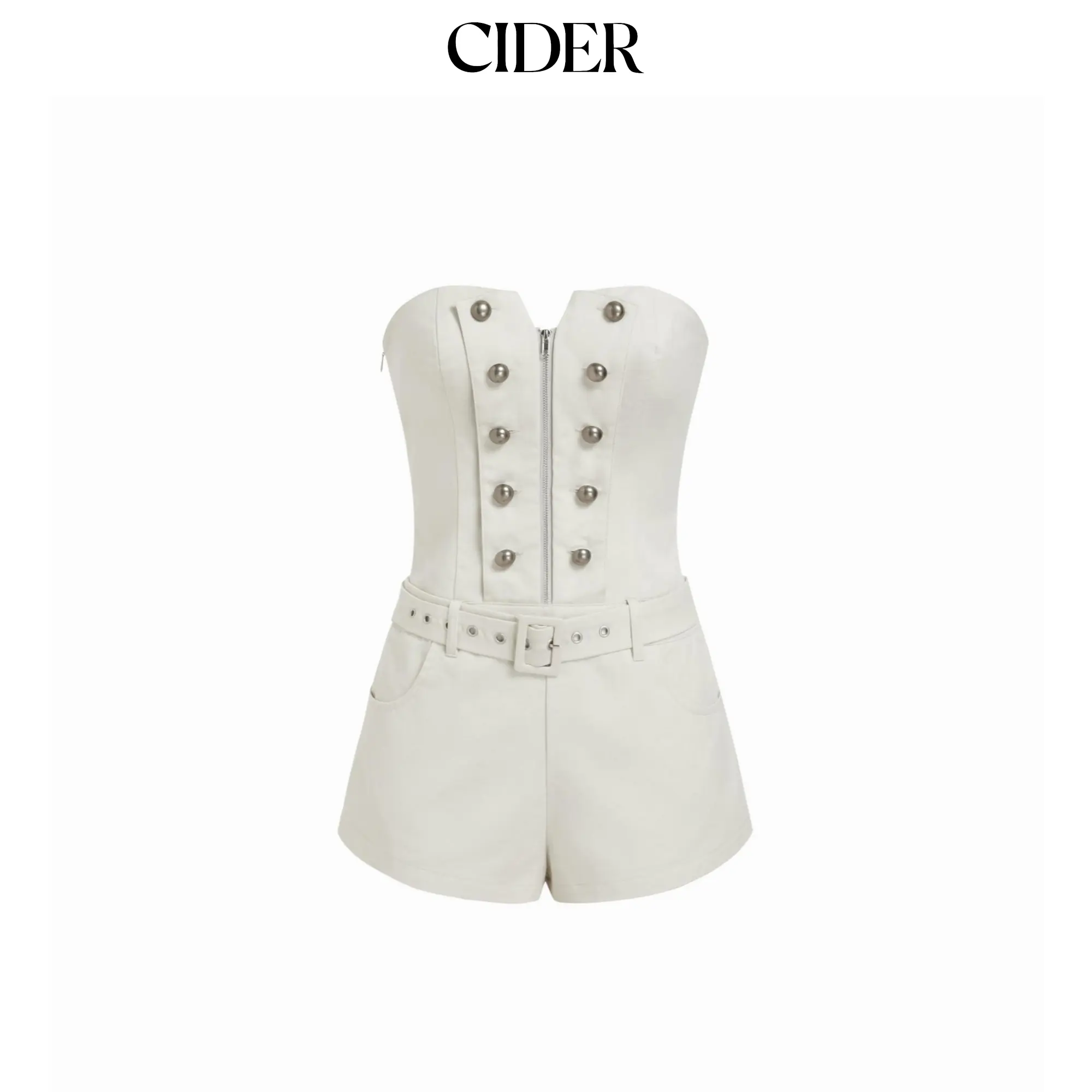 Cider Cotton-blend Bandeau High Rise Zip belted Romper