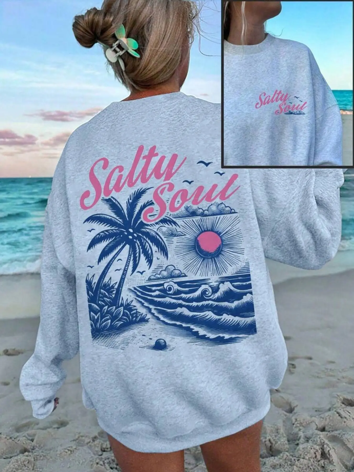 Salty Soul Coconut Tree Print Sweatshirt, Women's Round Neck Long Sleeve, Casual Fall & Winter Fitted Top, Double-Sided Print