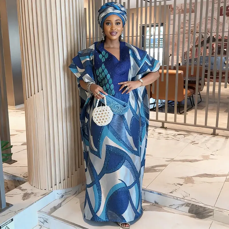 Women's Elegant Islamic Modest African Kaftan Maxi Dress - Luxury Embroidered Polyester Short-Sleeve Gown, All Seasons, Comes with Headscarf for Wedding