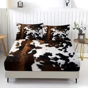 Western Style Cow Print Bed Fitted Sheet Set, Bedding Set, Includes 2 Pillowcases, Soft Breathable Fabric, Non-Slip Design, Perfect for American, Western, Bohemian Bedrooms