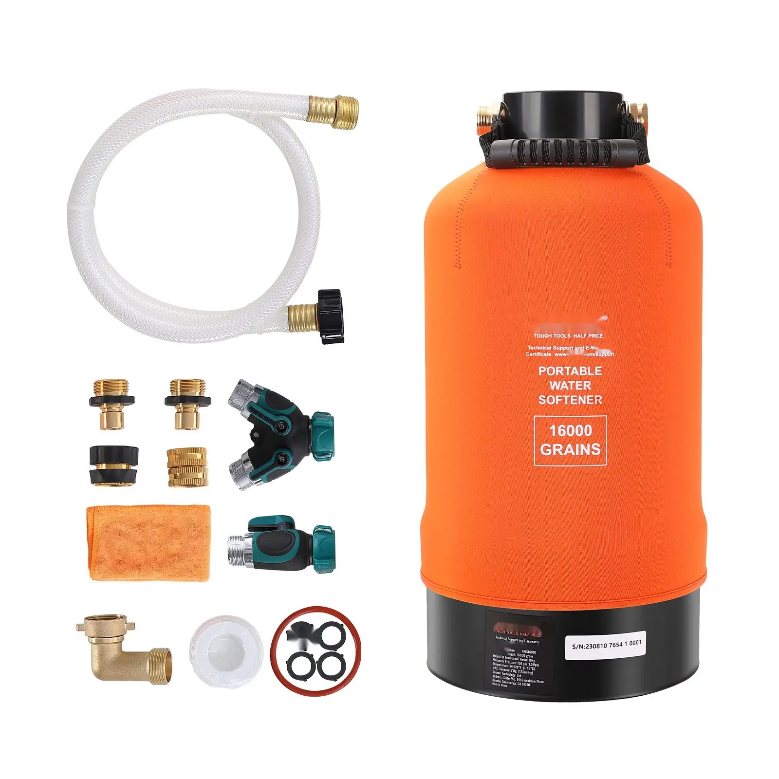 RV Water Softener, 16,000 Grain Portable Water Softener with 3/4" Brass Fittings and 42" Hose, Hard Water Filter System for RVs, Trailers, Boats, Mobile Car Wash and Pressure Washing, Easy-Install