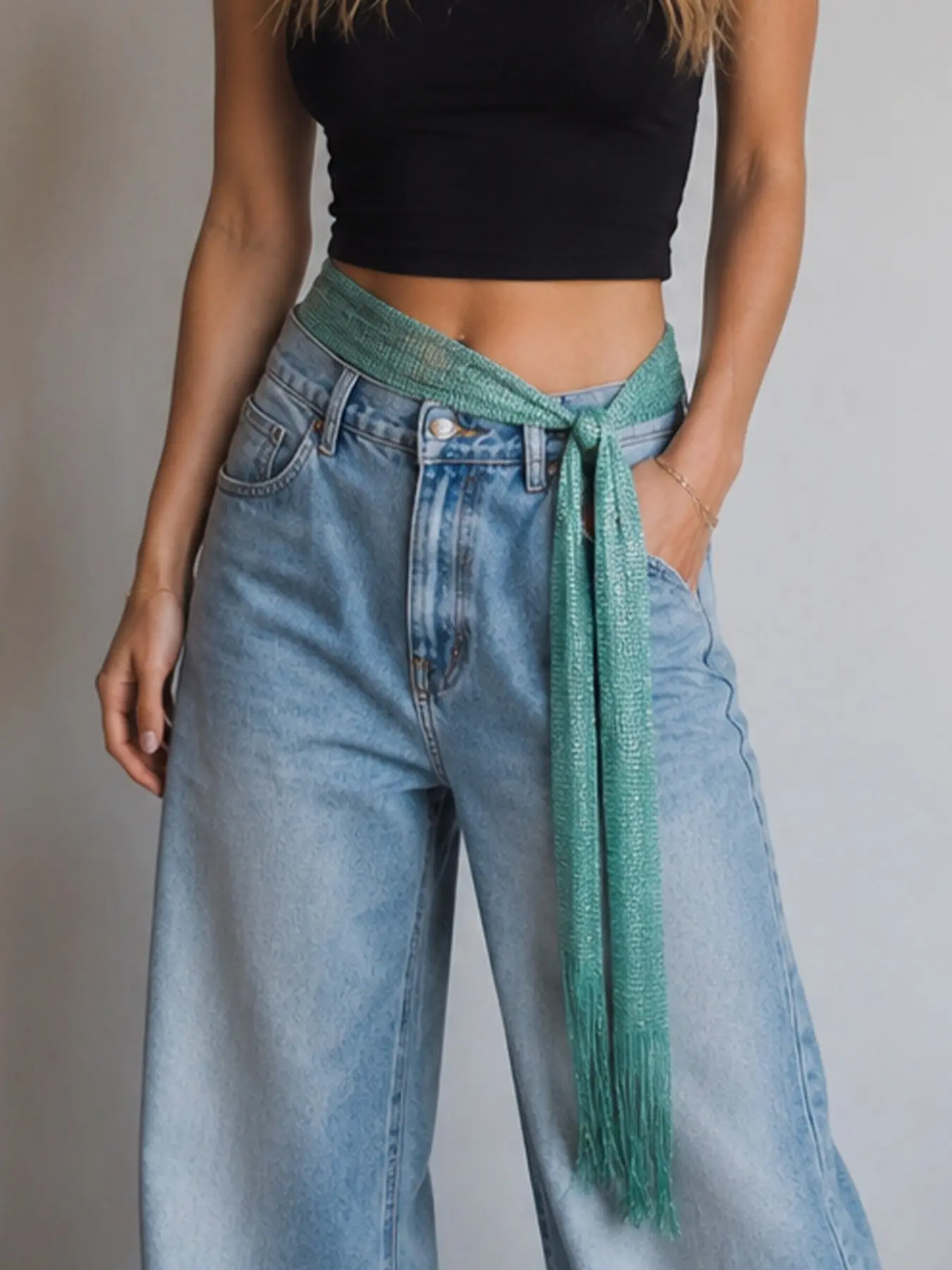 1pc Women's Solid Color Fringe Waist Belt, Fashion Belt, Multifunctional Ribbon Scarf, Shiny Fringe Silk Scarf, Perfect for Daily Wear, Parties, Pants, Dresses, Gowns