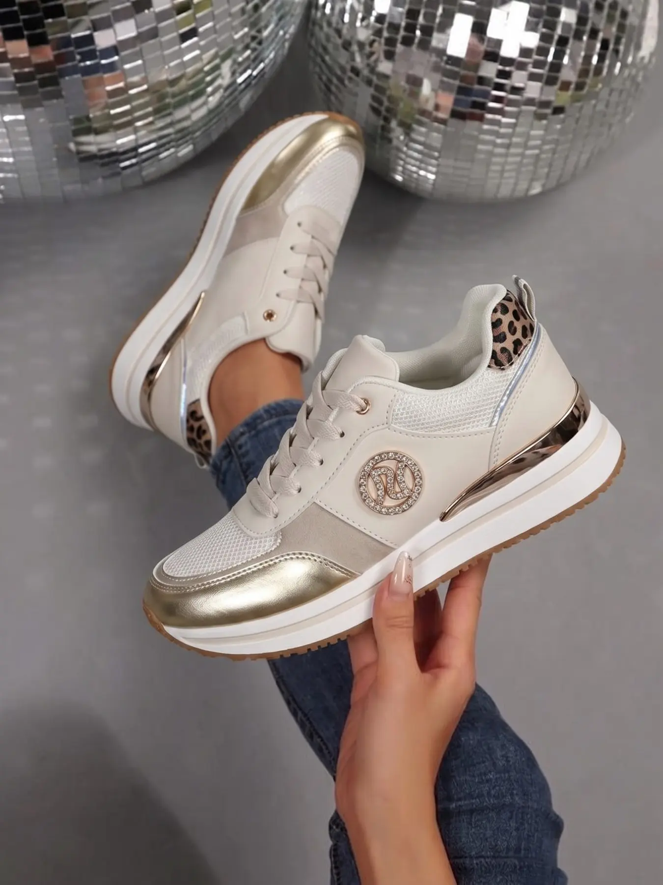 Women Mesh Metallic Panel Platform Sneakers, Rhinestone Double Circle Logo, Leopard Print Heel Wedge, Casual Retro Running Shoes