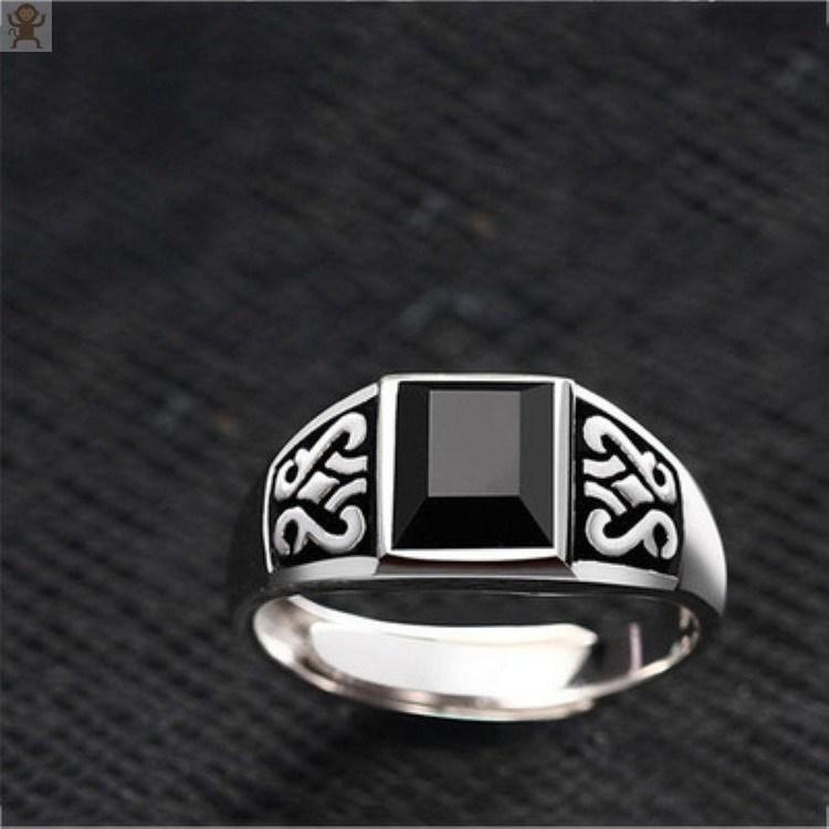 New silver advanced creative geometric diamond inlaid black agate gemstone men's lady domineering exaggerated adjustable ring
