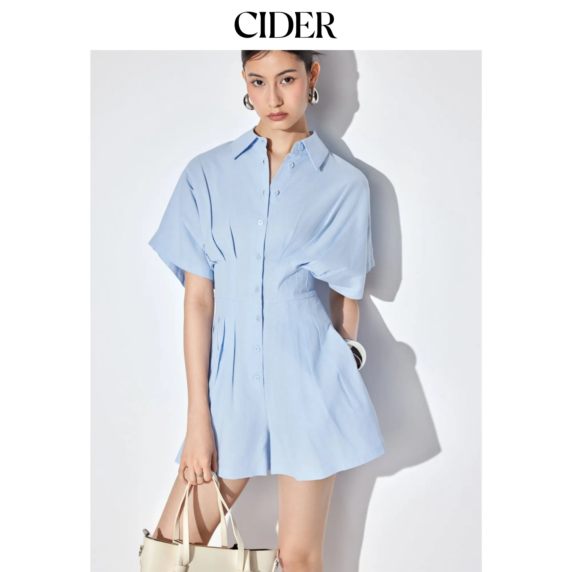 Cider Cotton-blend Mid Rise Batwing Sleeve Ruched Romper