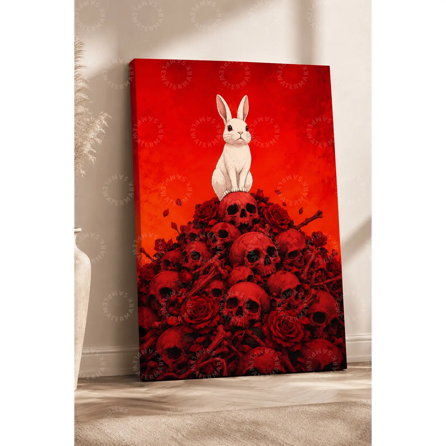 Red Gothic White Rabbit Canvas Poster, Skull and Rose Dark Fantasy Wall Art, Cute Creepy Bunny Aesthetic Poster, Bedroom Wall Art, Living Room Decor, Office Wall Art, Halloween Room Decor Gift