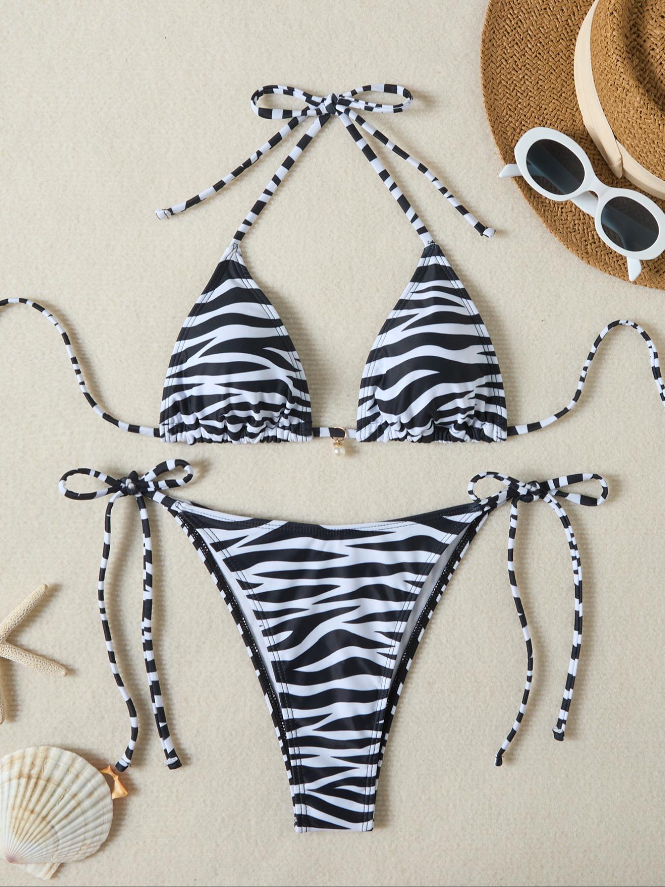 Two-Piece Set Women's All Over Print Bikini Set, Casual Fashion Chic Triangle Swim Bra & Swim Panty Swimsuit Set, Ladies Swimwear for Beach Holiday Vacation, Floral Print Bikinis, Flower Print Bikini