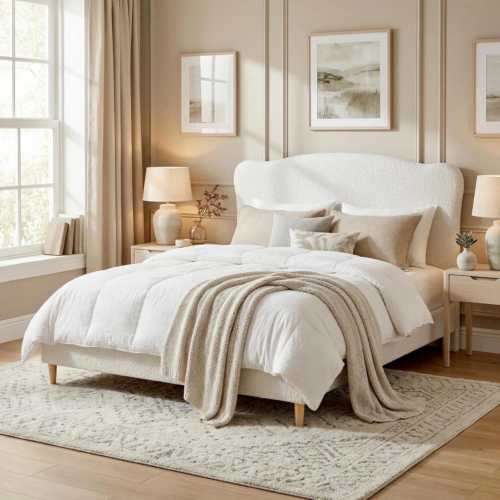 【GARVEE】Queen Size Bed Frame with Upholstered Headboard – Soft Bouclé Fabric Low Profile Platform Bed – Rounded Corners, Heavy Duty Wooden Slats Support – Noise Free, No Box Spring Needed – Beige
