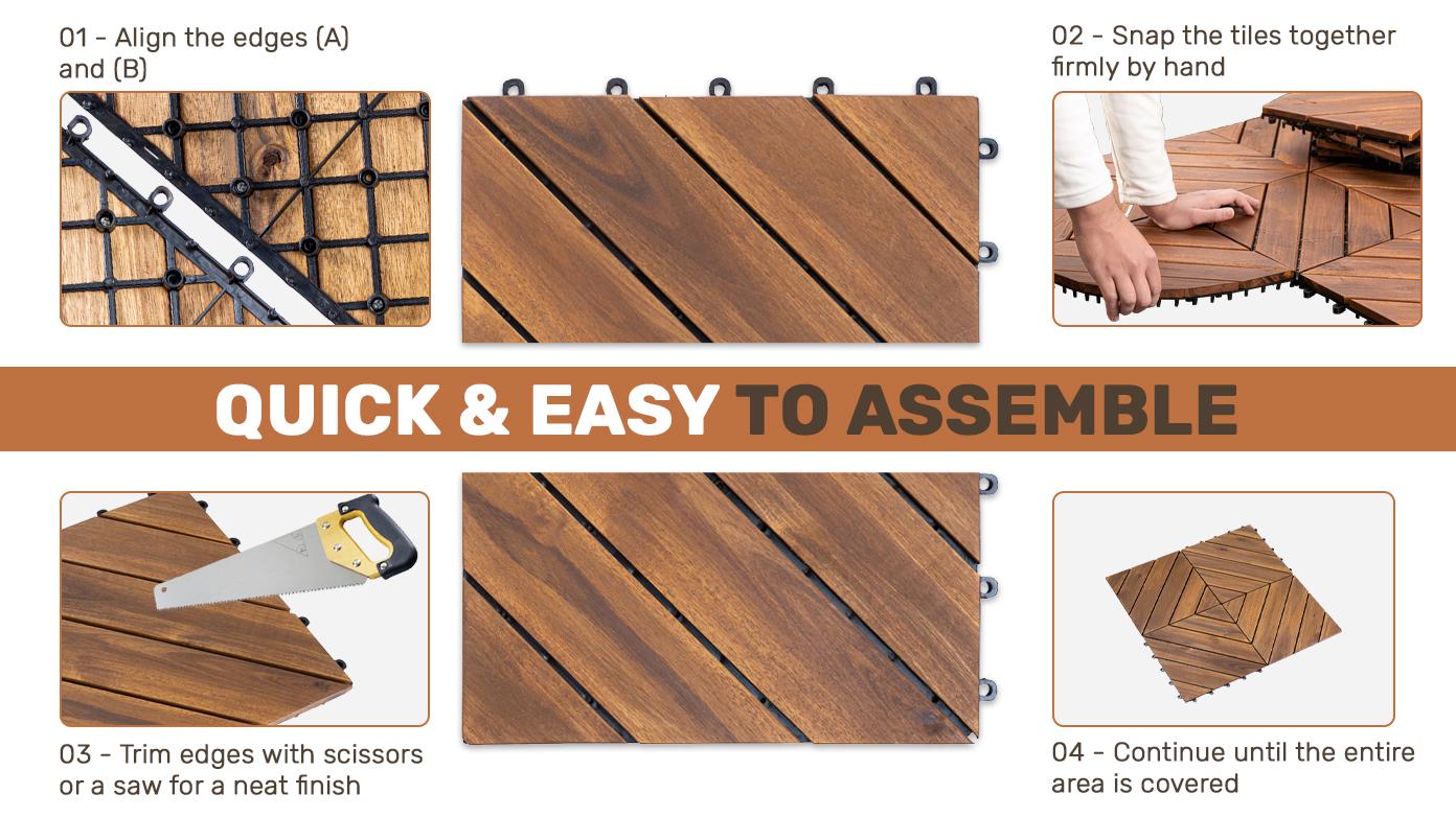 ARCH 27 PCS Interlocking Deck Tiles Diagonal Pattern, 12" x 12" Acacia Wood Tiles For Patio, Waterproof, All-Weather, Outdoor Decking For Garden, Pool, Balcony,...    RR