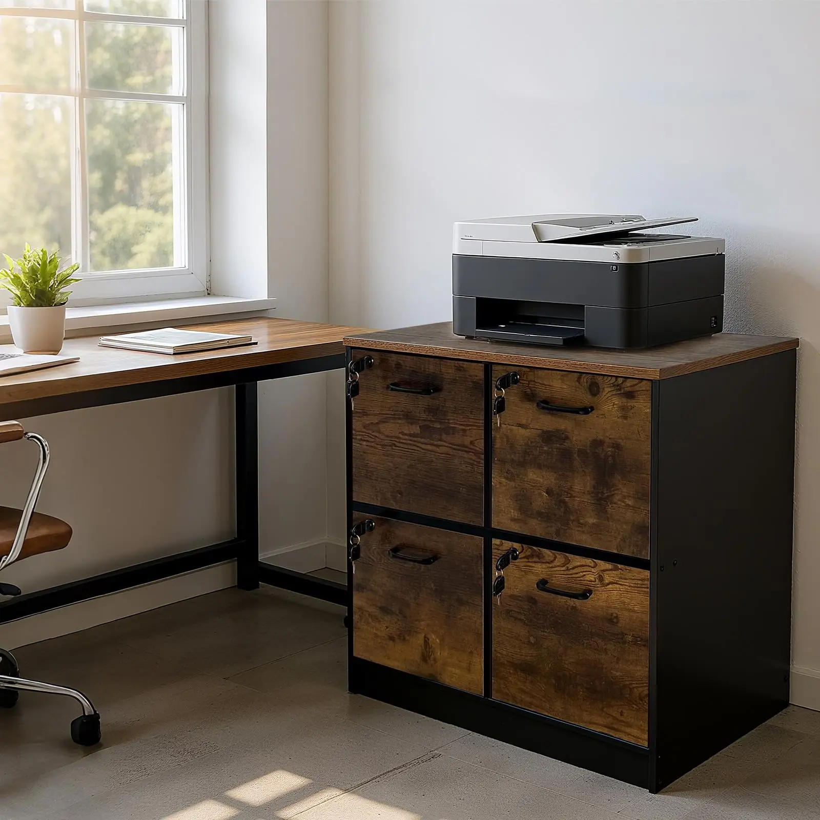 4 Drawer Wood File Cabinet with Lock, Vertical Wooden Filing Cabinet for Letter & A4 Size, Lockable Storage Organizer Cabinet for Home Office