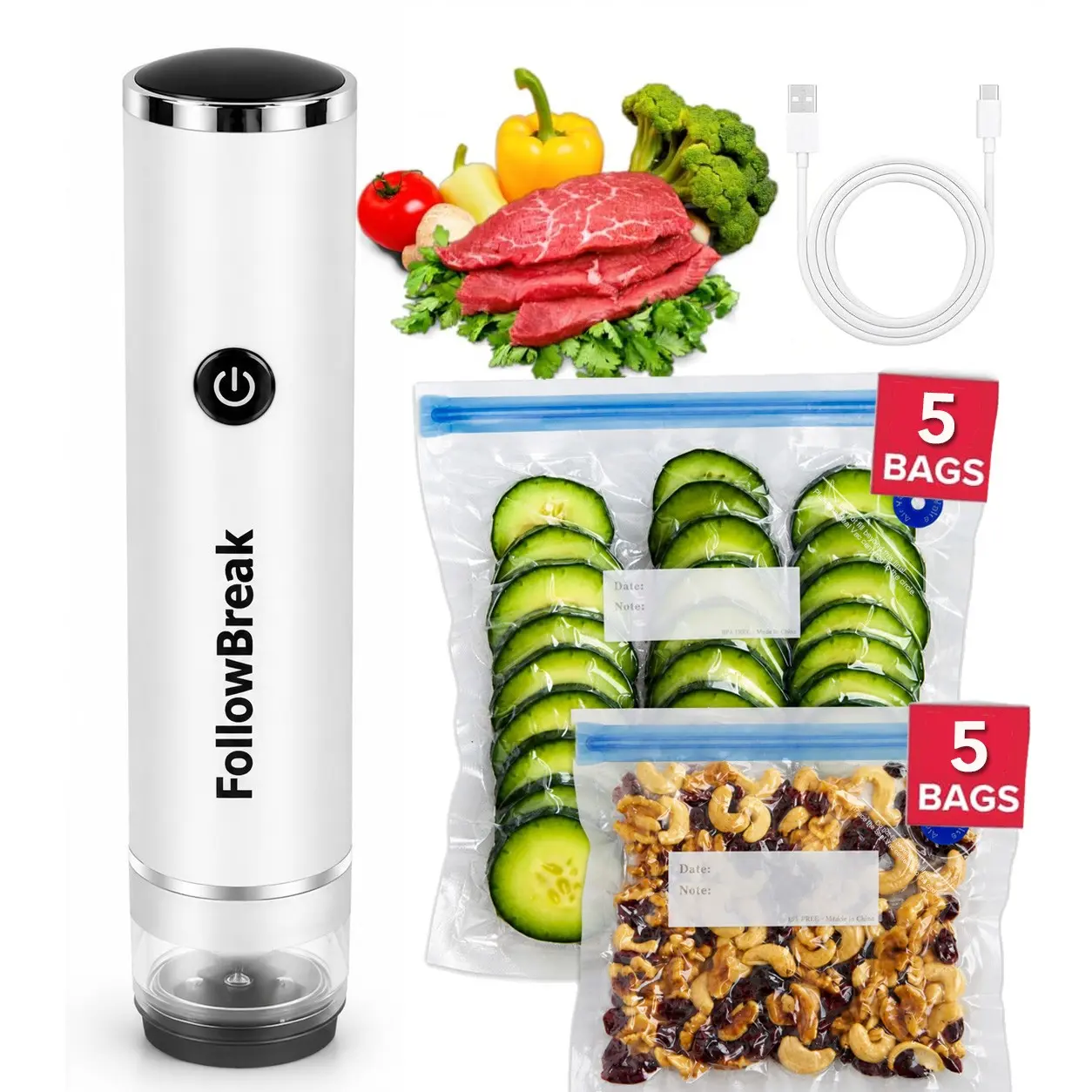 Compact Vacuum Sealer for Food (Vacuum Sealer Machine + 10 Reusable Vacuum Bags) , Cordless Handheld Vacuum Sealer Machine, Rechargeable Seal Meal Saver, Portable Food Sealer for Preservation & Fresh