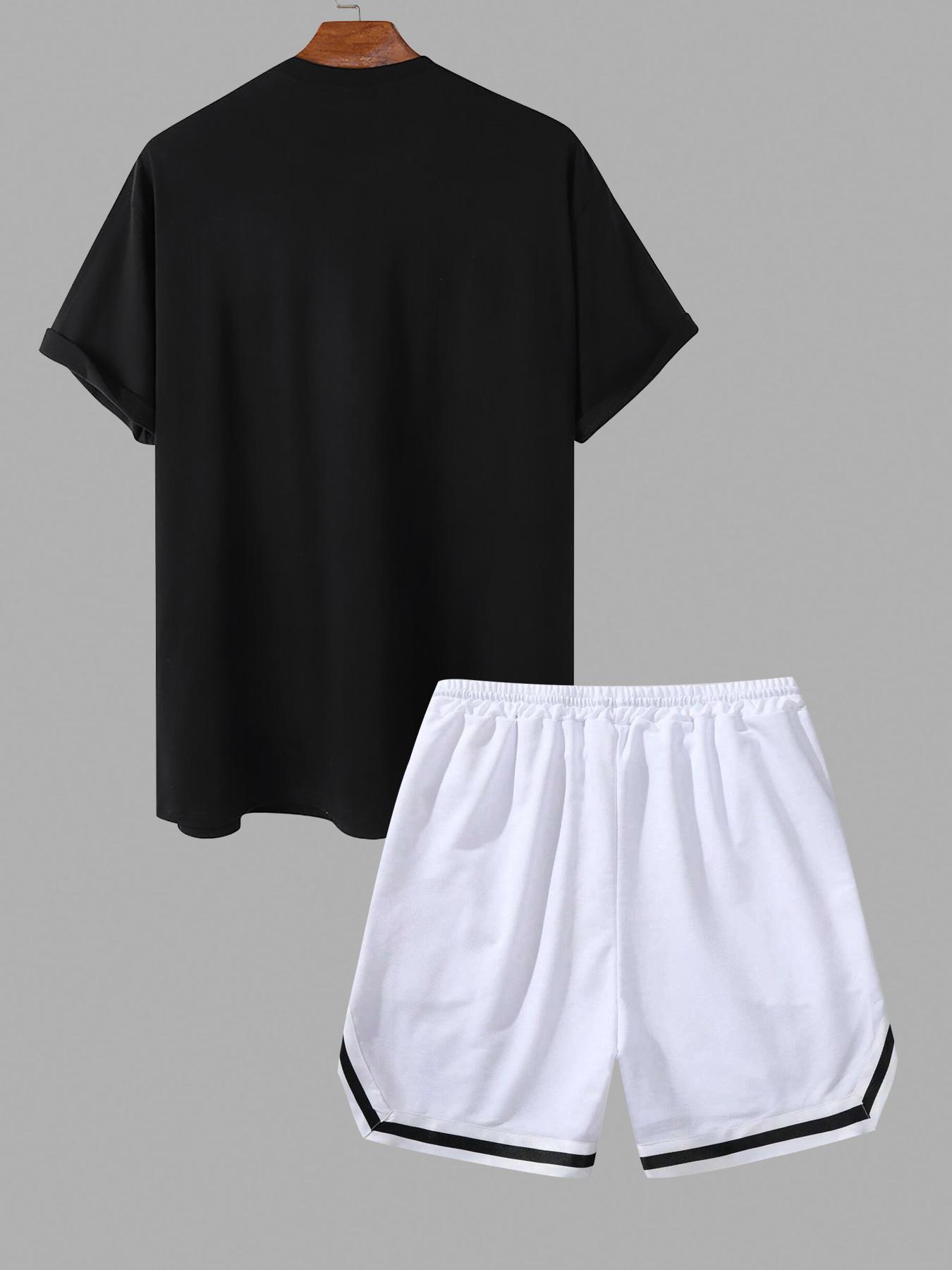 Two Counts Men's Graphic Drawstring Waist Design Two-piece Set, Casual Streetwear Regular Fit Short Sleeve Round Neck T-shirt & Pocket Shorts, Summer Outfits, Men's Clothes for Daily Wear, Clothing