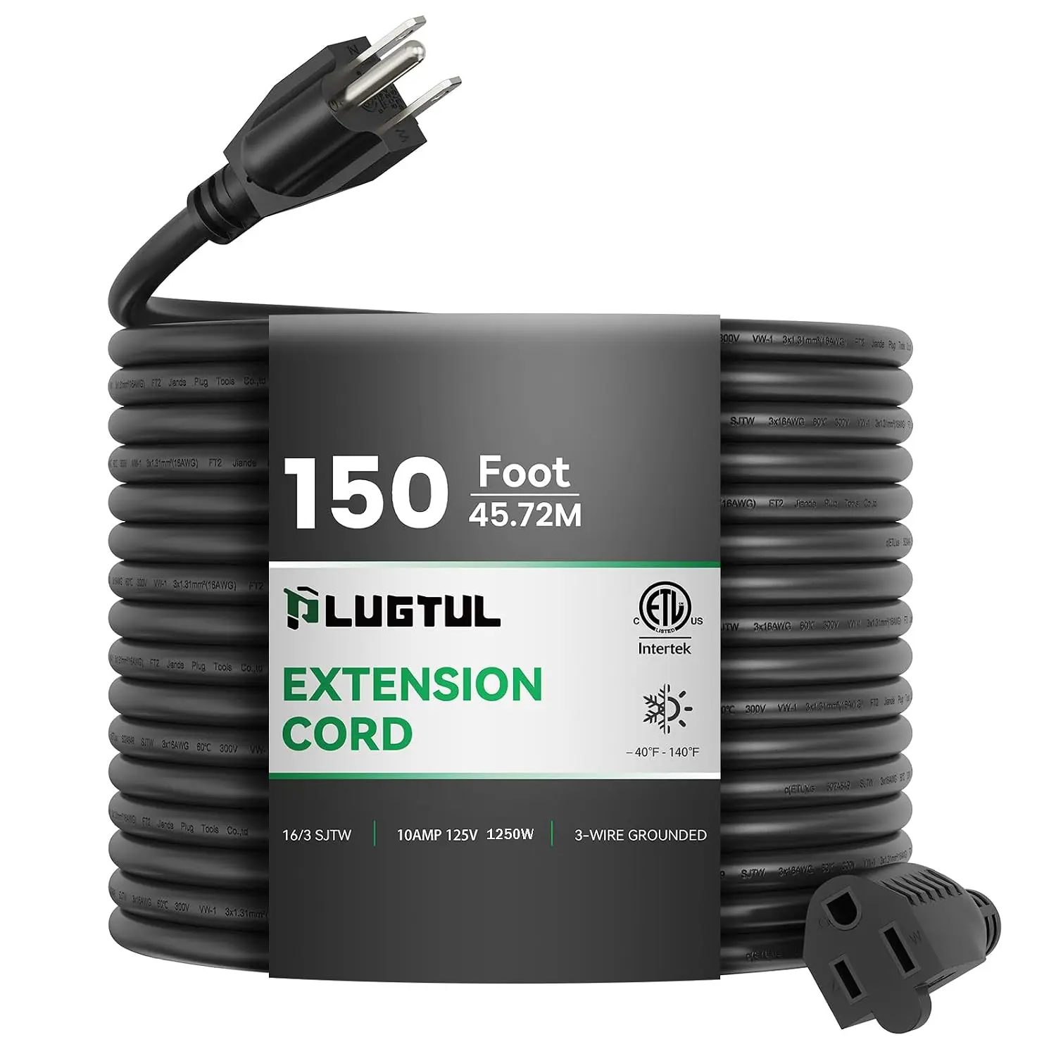 150 FT Outdoor Extension Cord | 16/3 Black Heavy Duty 3 Prong Extension Cord, 10A 1250W SJTW, ETL Listed, Great for Garden and Home