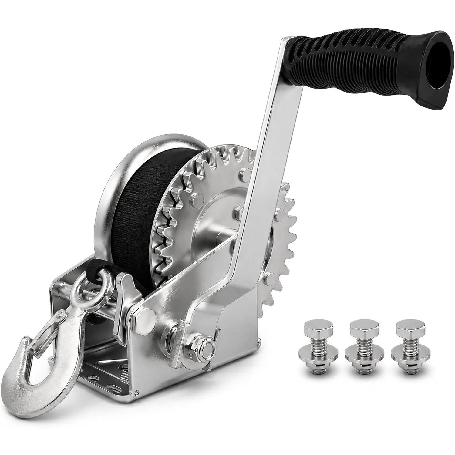 1600lbs Heavy Duty Boat Trailer Winch with 26FT Strap, Dual-Direction Ratchet, 4:1 Gear Ratio, Portable Hand Crank Trailer Winch