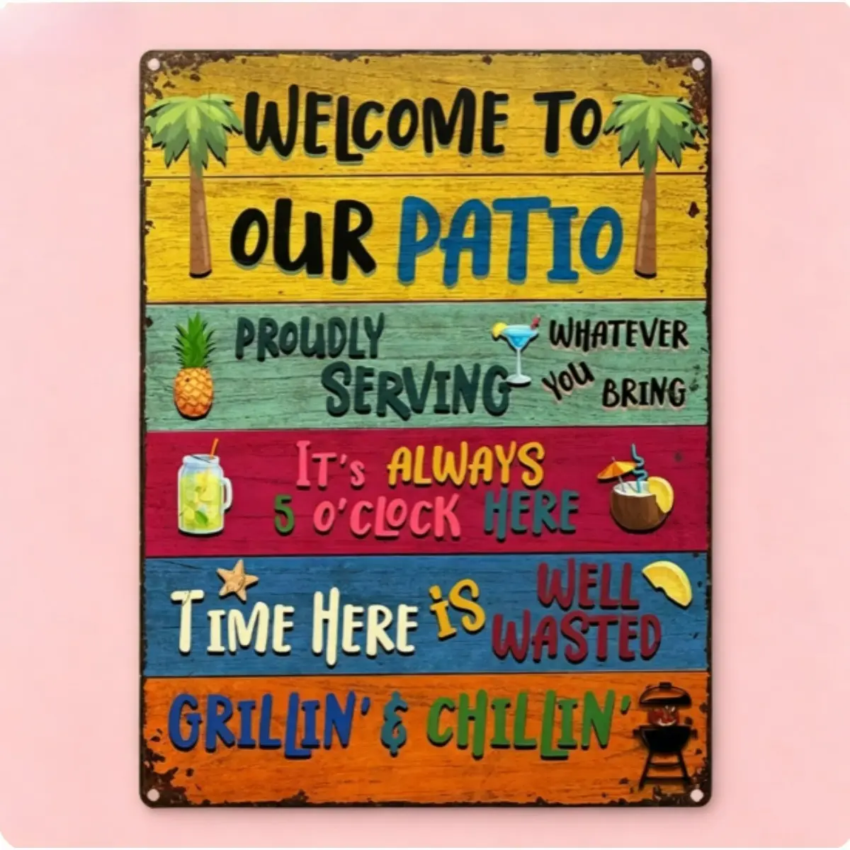 Vintage Patio Metal Wall Sign, Welcome Outdoor Hanging Plaque with BBQ Grill Theme, Rustic Farmhouse Decor for Garden, Porch, Backyard Party Area and Home Gift (8 x 12 Inch)