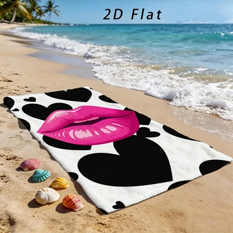 essential,,standard,portable,,hostess,,travel,,xl,luxury,bathtowels,decorative,boat,personalized,custom,towels,quick,drying,Pink Lips Black Hearts Print Beach Towel Soft Absorbent Fun Romantic Lightweight Durable Multifunctional Car Seat Sweat Towel for B