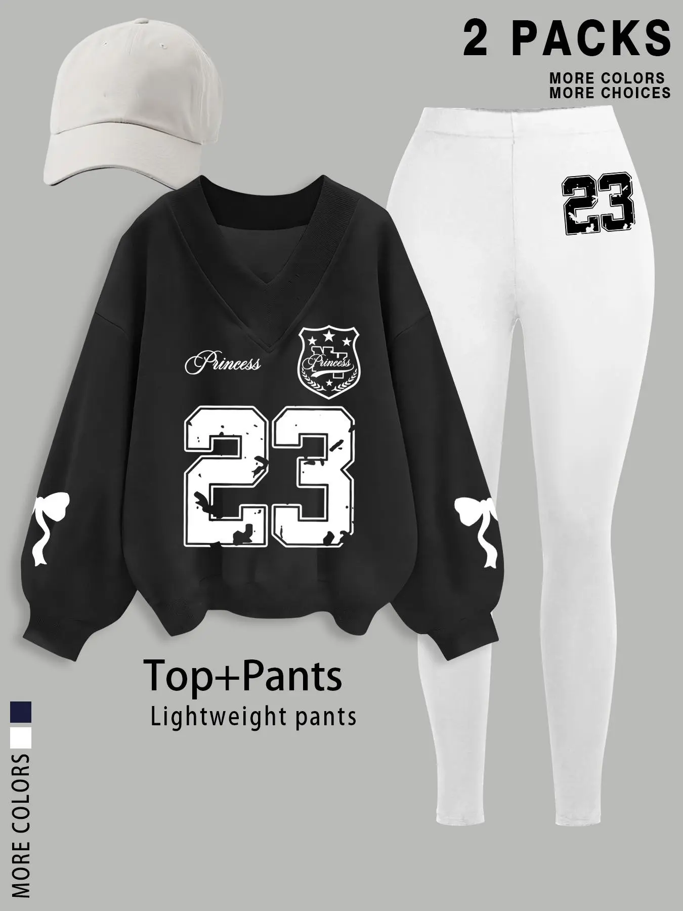 Women 2Pcs Vintage Varsity Matching Set, 23 Princess Bow Print V Neck Oversized Sweatshirt + High Waist Skinny Leggings, Preppy Lightweight Athleisure Outfit for Campus Daily, 2026 Viral TikTok Cozy Two Piece Tracksuit