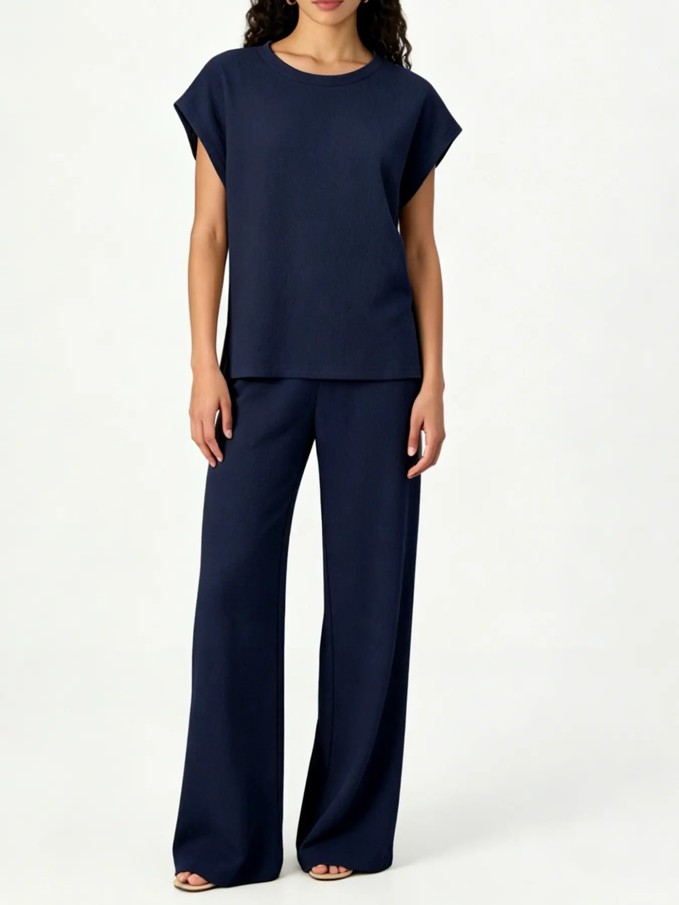 Summer New Women Basic Plain Bubble Texture Round Neck Casual Set, Loose Shoulder Cover Sleeve Top, Flowy Wide Leg Pants, Two-Piece