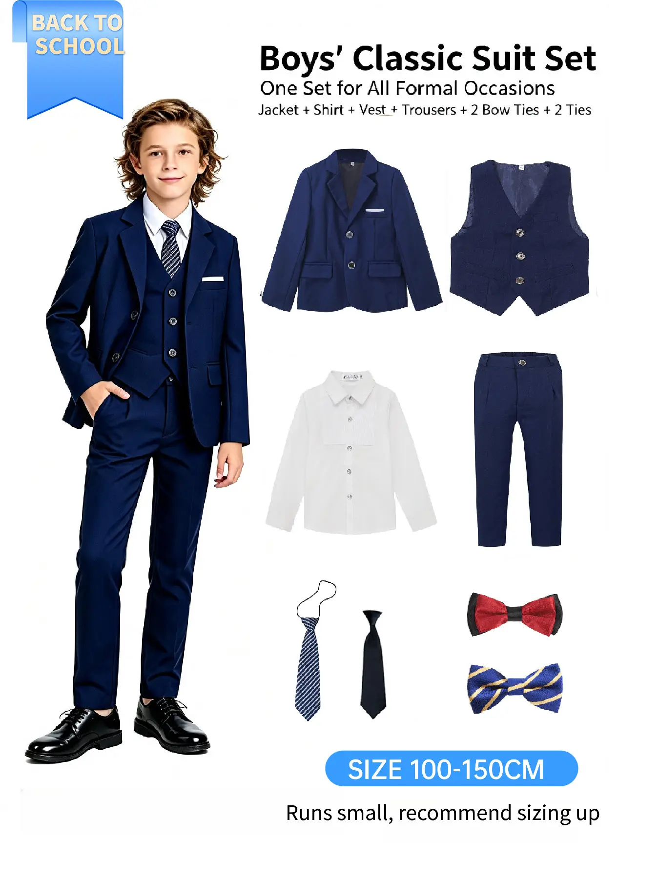 Boys Classic Slim Fit Suit 8 Piece Outfit, Jacket, Pleated Shirt, Vest, Pants, 2 Bow Ties & 2 Neckties, Formal Dresswear for Wedding, Graduation, Back to School, Birthday Party, Boys Height 100-150cm！