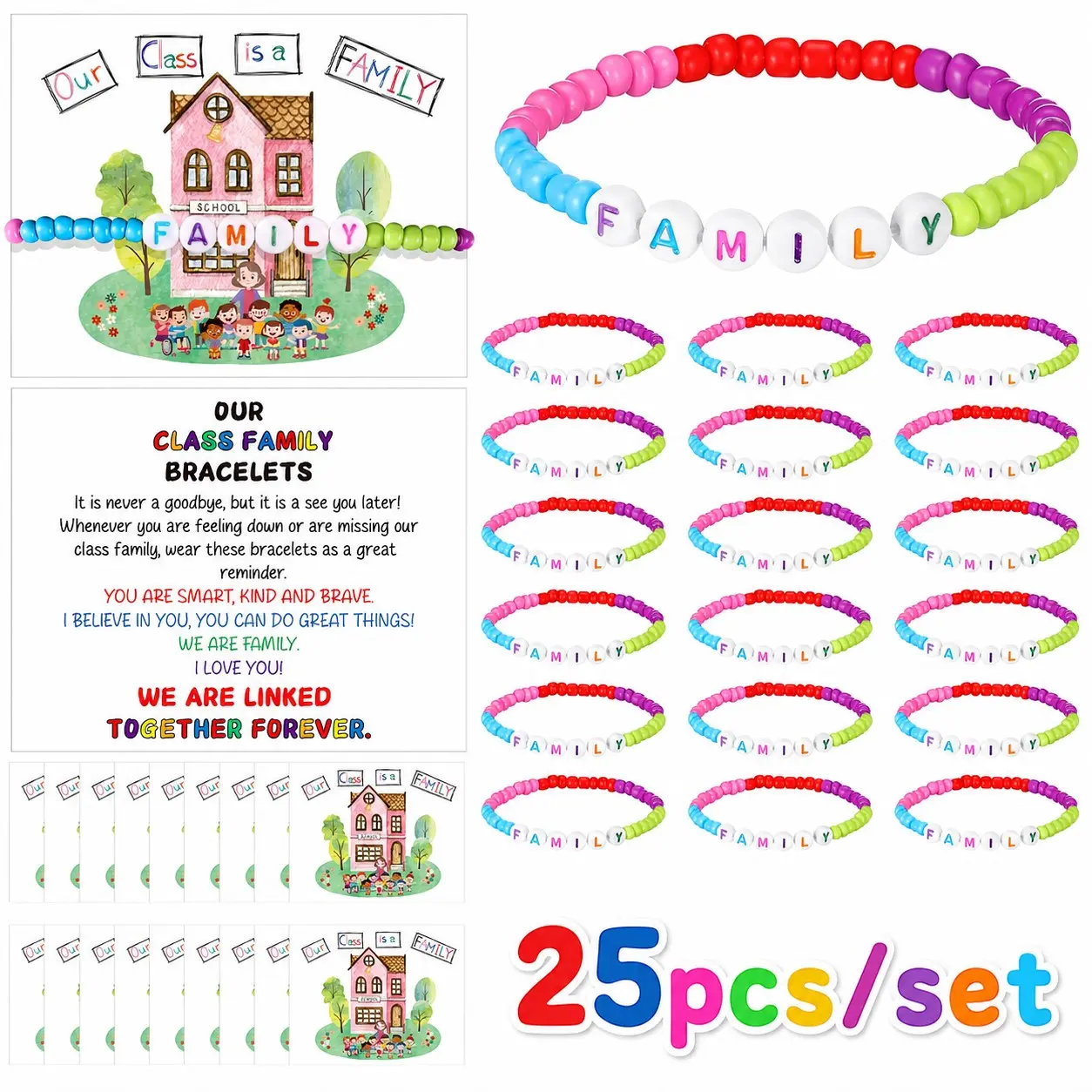 25 Sets Year-End Student Friendship Bracelets Bulk, Teacher Gift Wholesale, Graduation Class Friendship Bracelet Gifts, Class Card Included