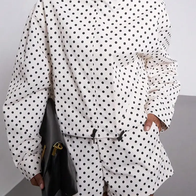 Women's Fall Winter Vintage Polka Dot Two Piece Set, Stand Collar Drawstring Loose Long Sleeve Pilot Bomber Jacket with Matching Polka Dot Shorts Outfit