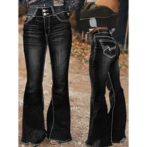 Black Irregular Graphic Embroidery Back Pocket Wide High Waist Flared Jeans Heavy Industry Color Block Washed Cat Whiskers Mature Retro Style Four Seasons Women's Denim Pants