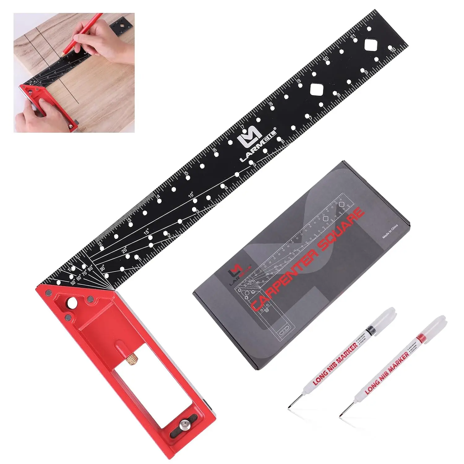 12 Inch Framing Square Carpenter Square, Tri Square Tool, Try Square for Woodworking, T Square Ruler, L Square Ruler, Right Angle Ruler,Framing Tools, Anodized Ruler , Red & Black