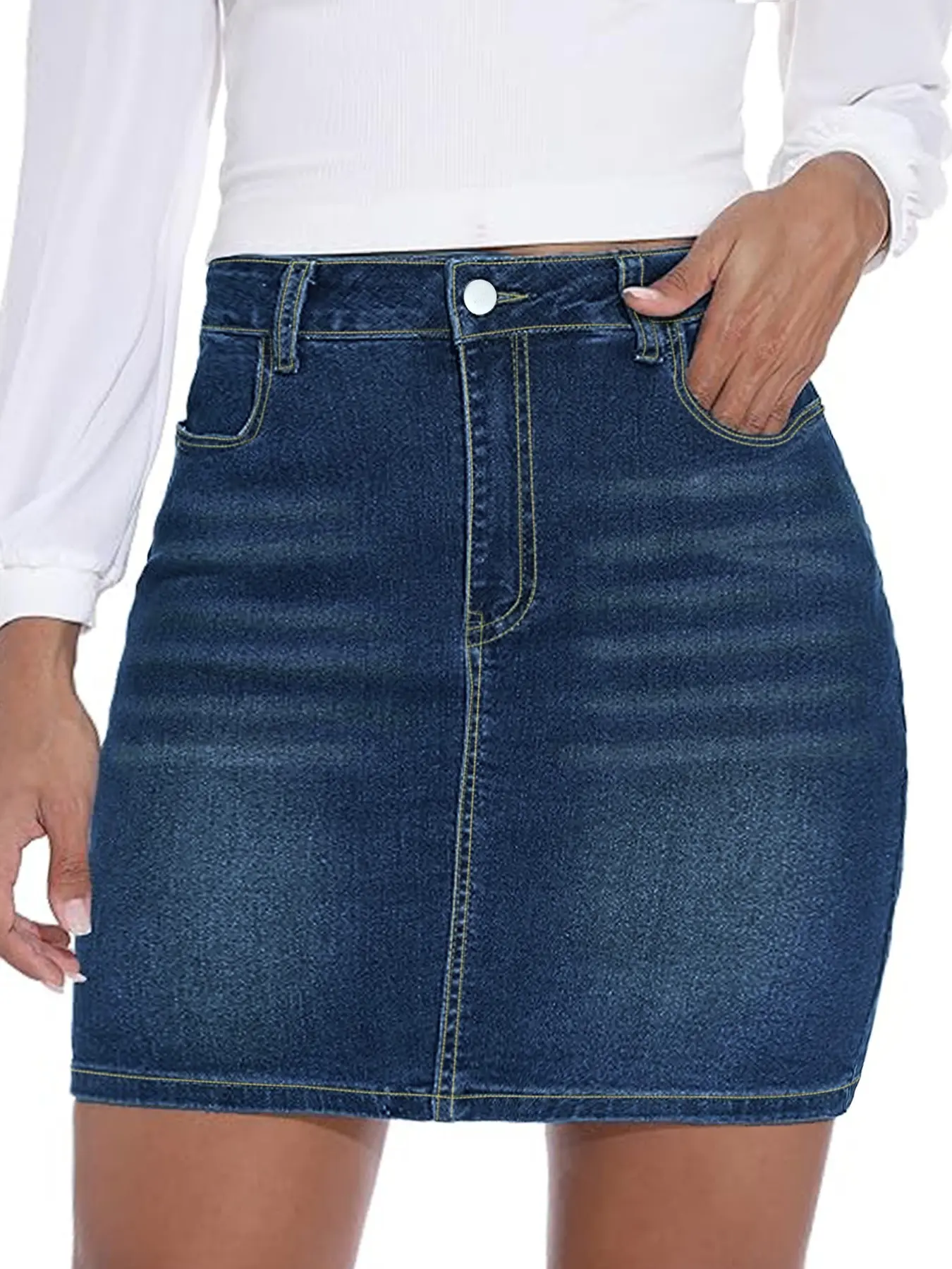 Plus Size Dark Indigo Solid Basic High Waist Tummy Control Denim Short Mini Skirt, Curvy Five Pocket Jean Pencil Skirt, Casual Skirt for Office, Campus, Brunch, BBQ, Bottoms