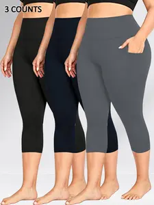 Three-Piece High-Waisted Pocketed Capri Pants, Abdominal Control, High Elasticity, Soft Four-Direction Stretch, Women's Plus Size Yoga Shorts
