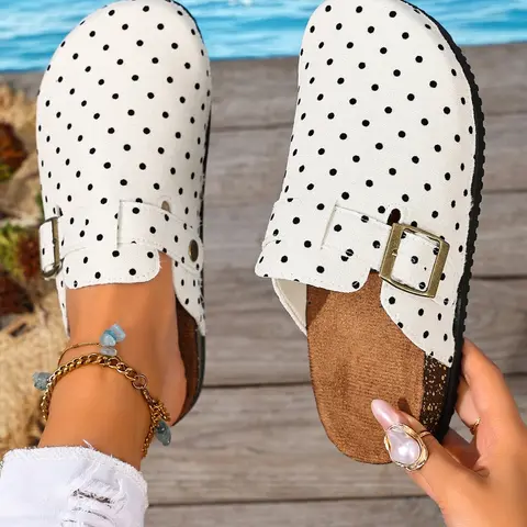 Polka dot closed toe PU Leather mules with side metal buckle, comfy cork flat sole, two colors casual slip-on women slide shoes, Mule Slides