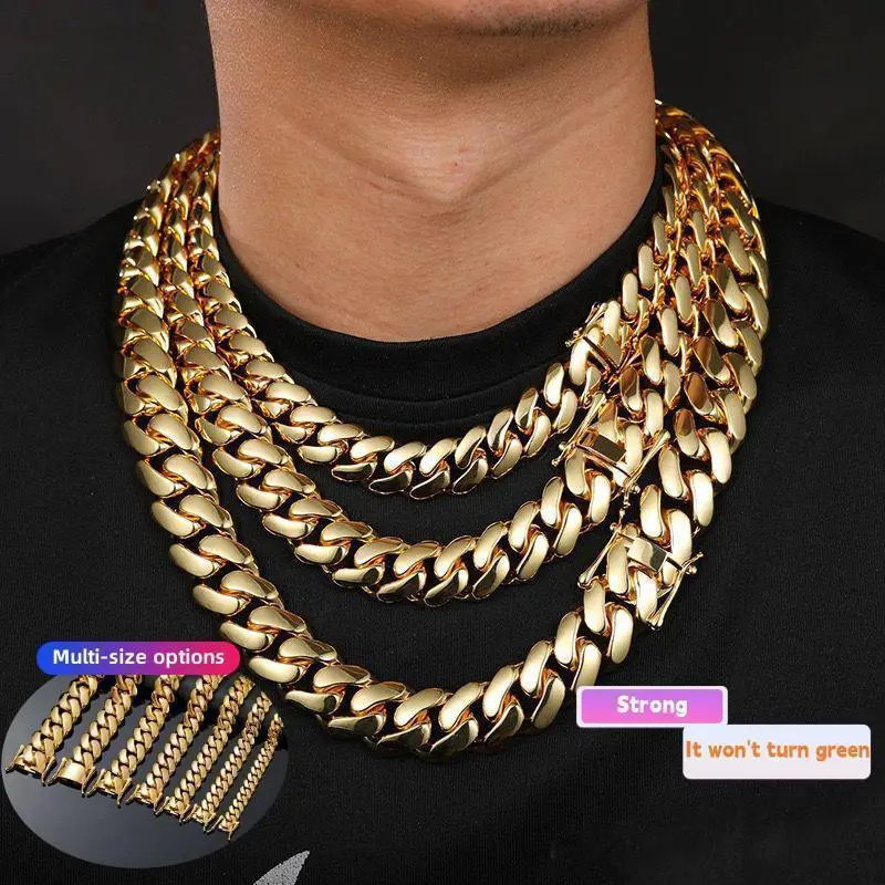 Set 2Pcs 18K Gold Vacuum Plated Stainless Steel Chain & Copper Deployment Clasp Miami Cuban Link Chain Italy Mexico & Micro Inspired Unisex Hip Hop 22mm Necklace&Bracelet for Men & Women Jewelry,Daily Wear,Casual Fashion,Gift,Chicano,Weight