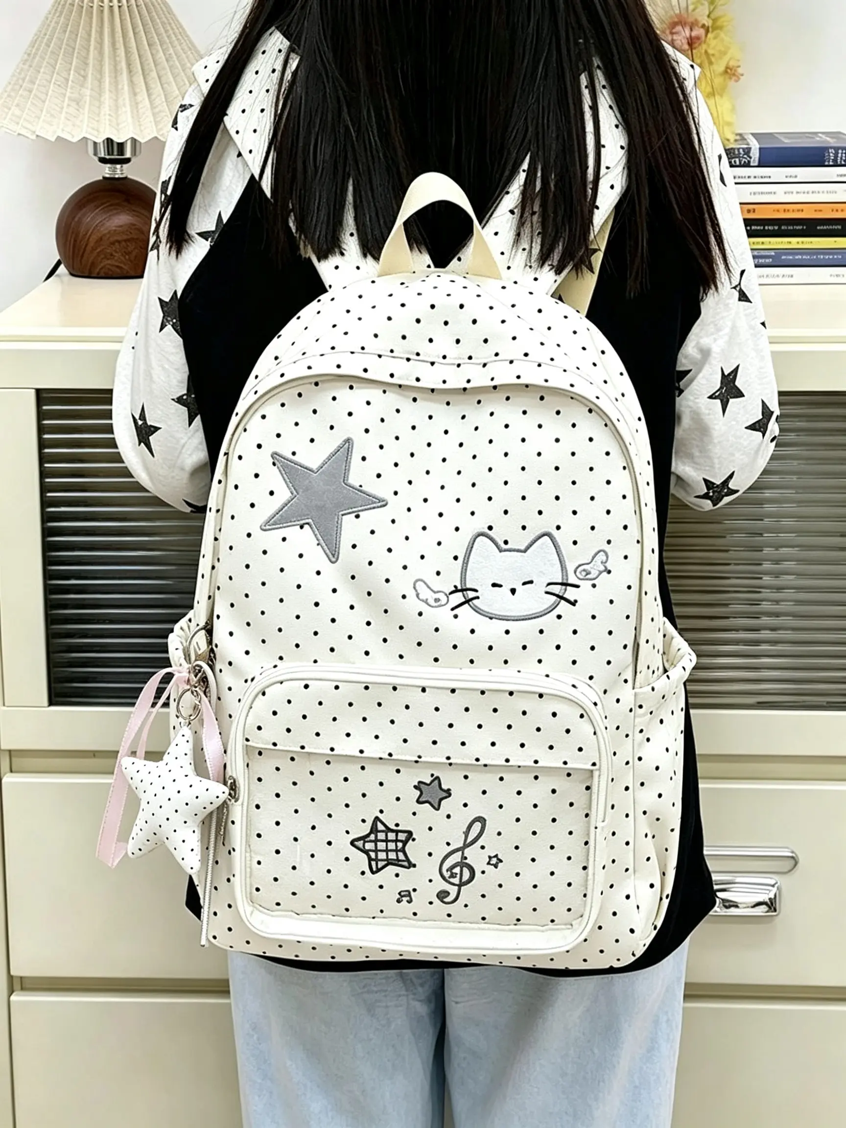 Polka Dot Cat INS Style Student Backpack Waterproof Durable Large Capacity School Bag with 3D Embroidered Star Cat and Note Transparent Front Pocket Wide Pressure Relief Shoulder Straps Multi Pockets